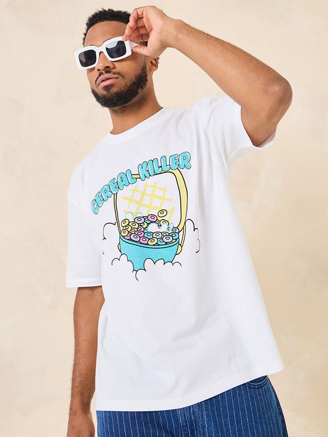 

Styli Men Breakfast Graphic Compact Cotton Jersey Oversize Fit Tee, White