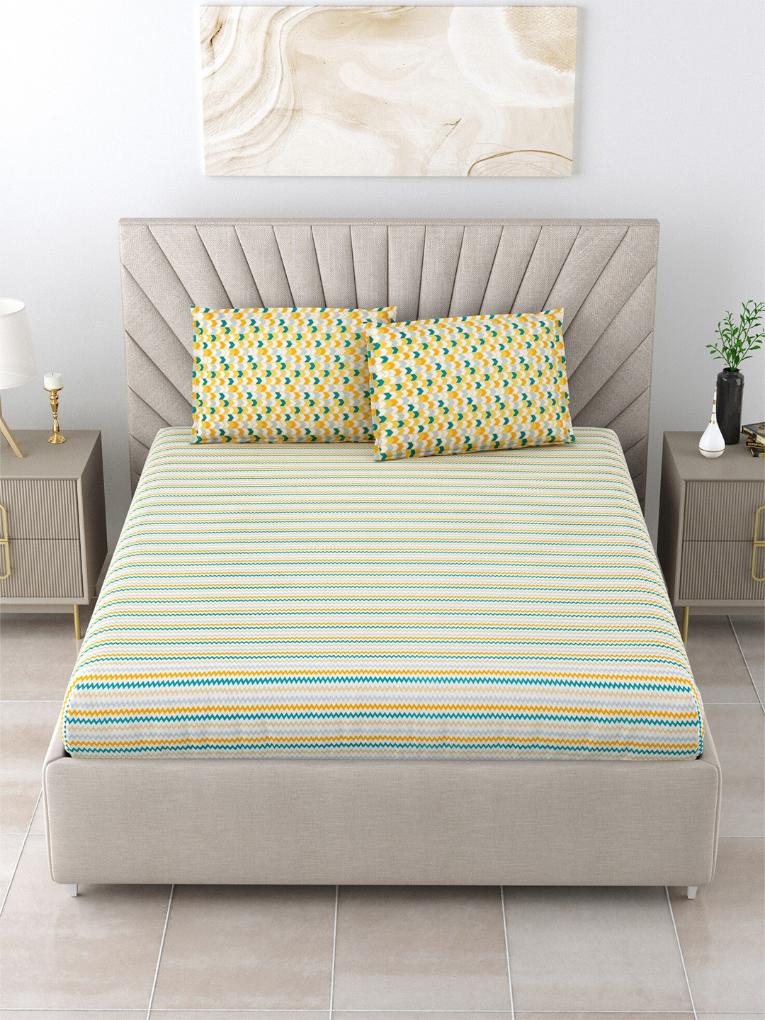 

Salona Bichona Sea Green Pure Cotton Striped 120 TC Queen Bedsheet with 2 Pillow Covers