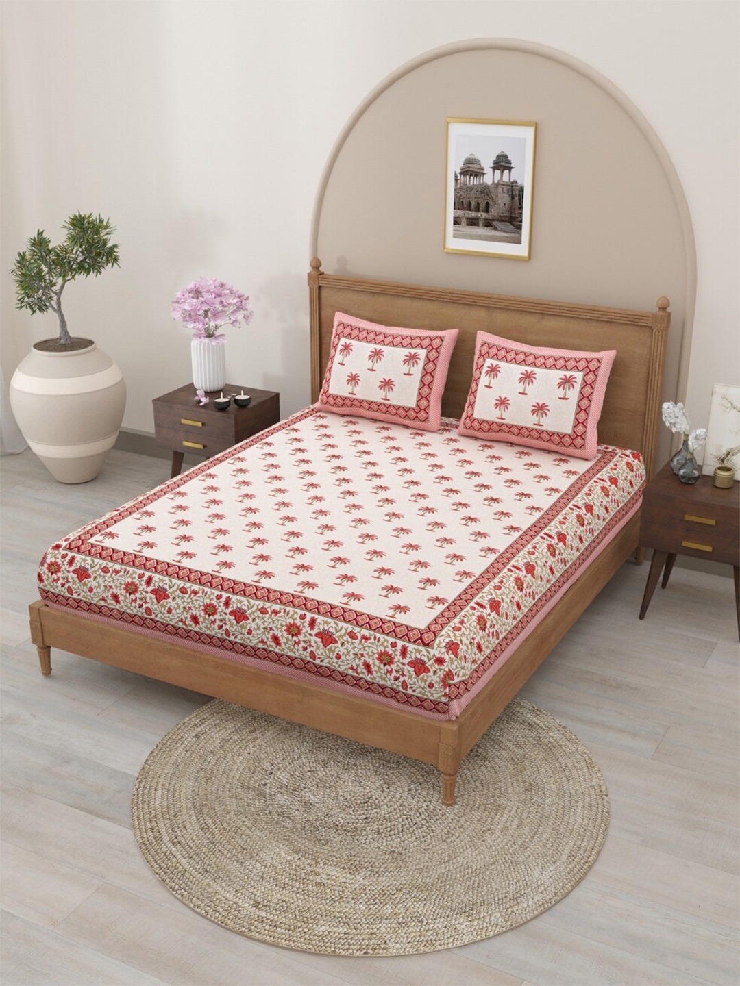 

Salona Bichona Pink & White Floral Cotton 120 TC Queen Bedsheet With 2 Pillow Covers