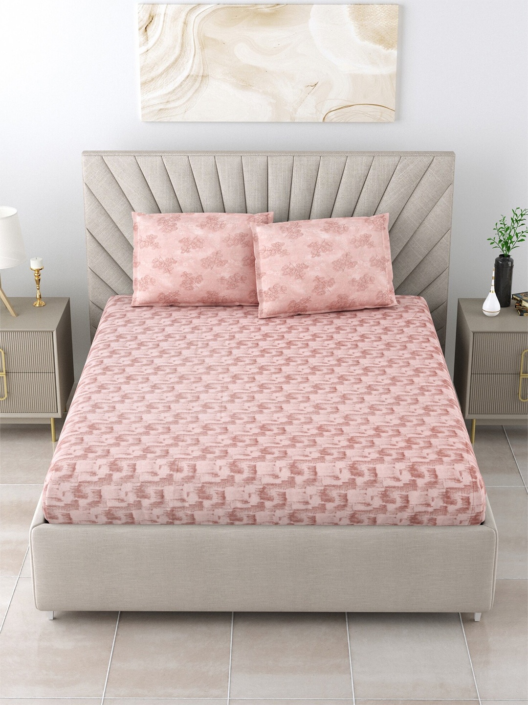 

Salona Bichona Peach-Coloured Pure Cotton 120 TC Queen Bedsheet with 2 Pillow Covers