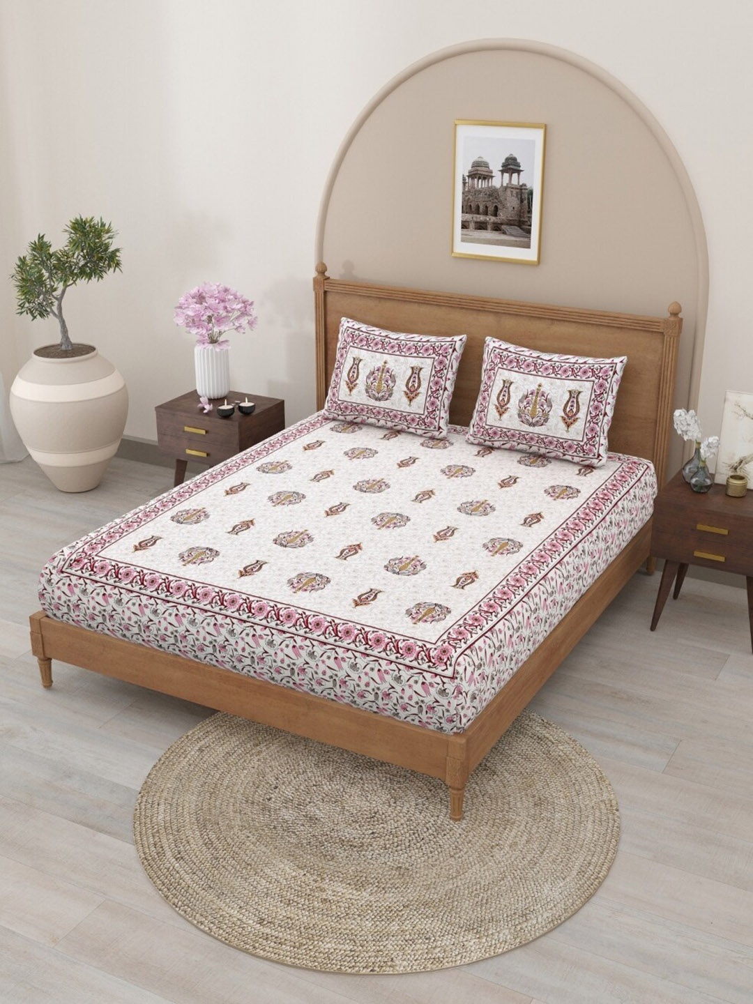 

Salona Bichona Pink & Off White Floral Cotton 120 TC Queen Bedsheet With 2 Pillow Covers