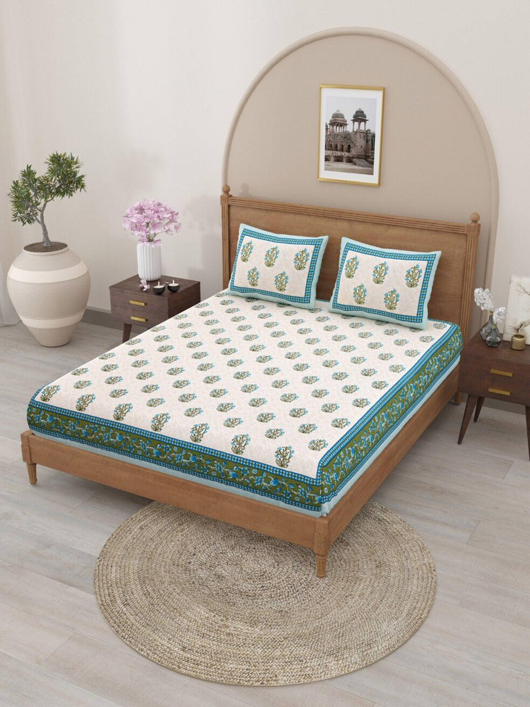 

Salona Bichona Cream & Green Floral Pure Cotton 120 TC Queen Bedsheet With 2 Pillow Covers