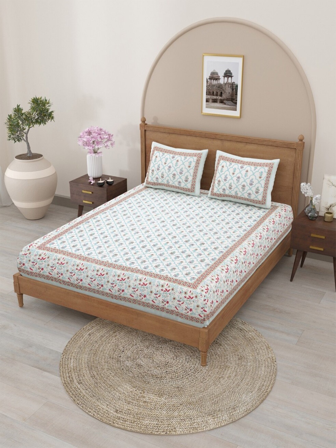

Salona Bichona Pink & Blue Floral Cotton 120 TC Queen Bedsheet With 2 Pillow Covers