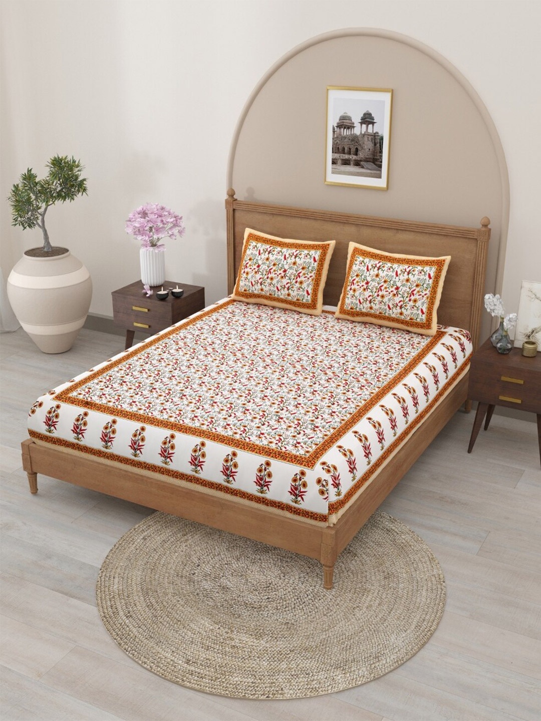 

Salona Bichona Pink & Green Floral Cotton 120 TC Queen Bedsheet With 2 Pillow Covers