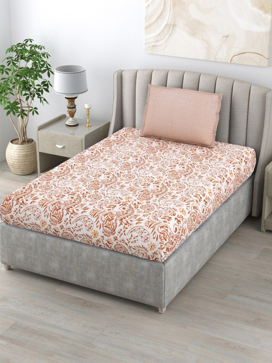 

Salona Bichona White & Brown Floral Pure Cotton 144 TC Single Bedsheet & 1 Pillow Cover