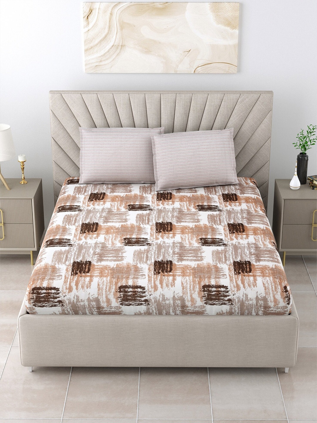 

Salona Bichona White Geometric Cotton 120 TC King Bedsheet With 1 Pillow Covers
