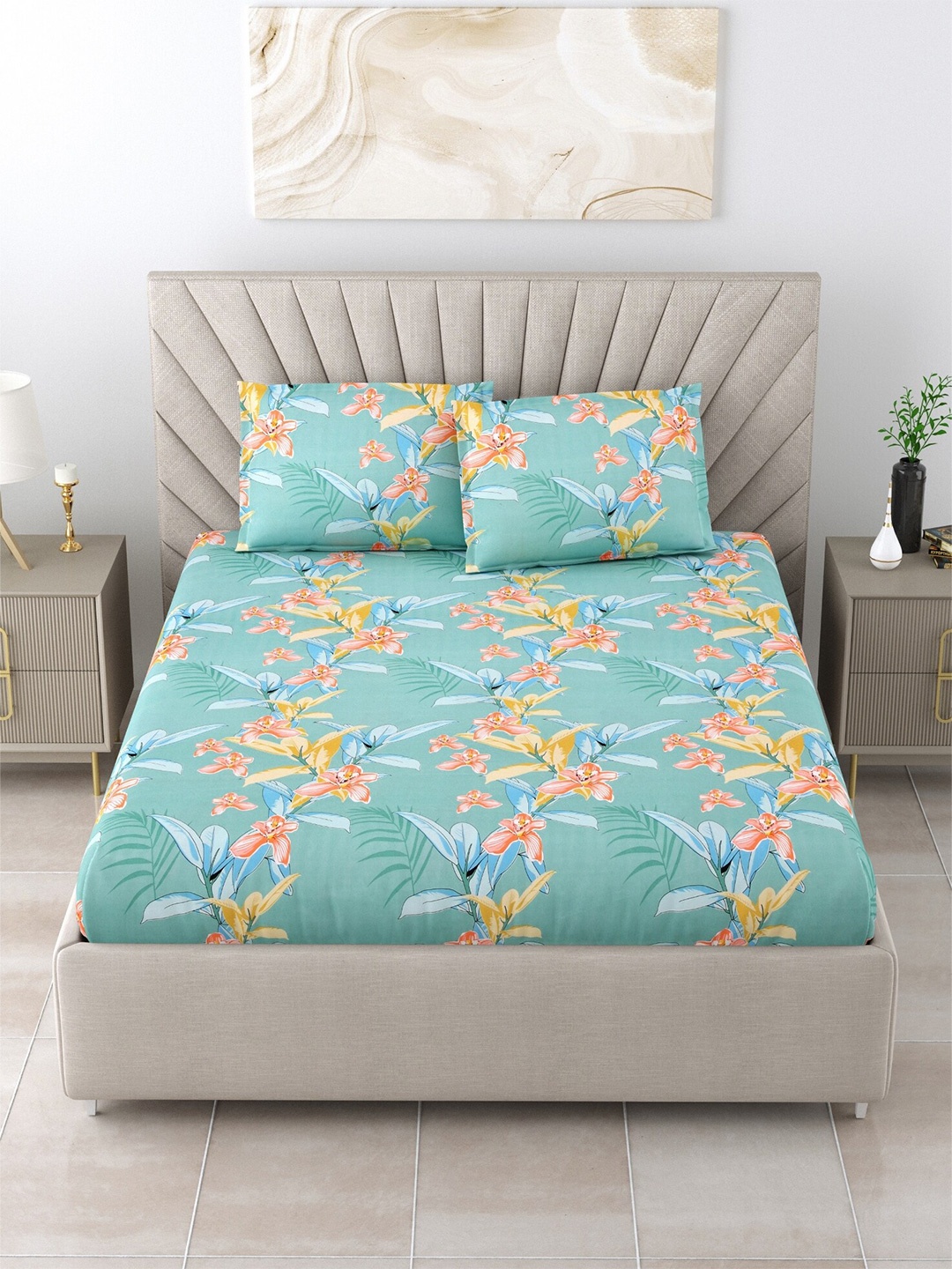 

Salona Bichona Turquoise Blue Floral Cotton 120 TC Queen Bedsheet with 2 Pillow Covers