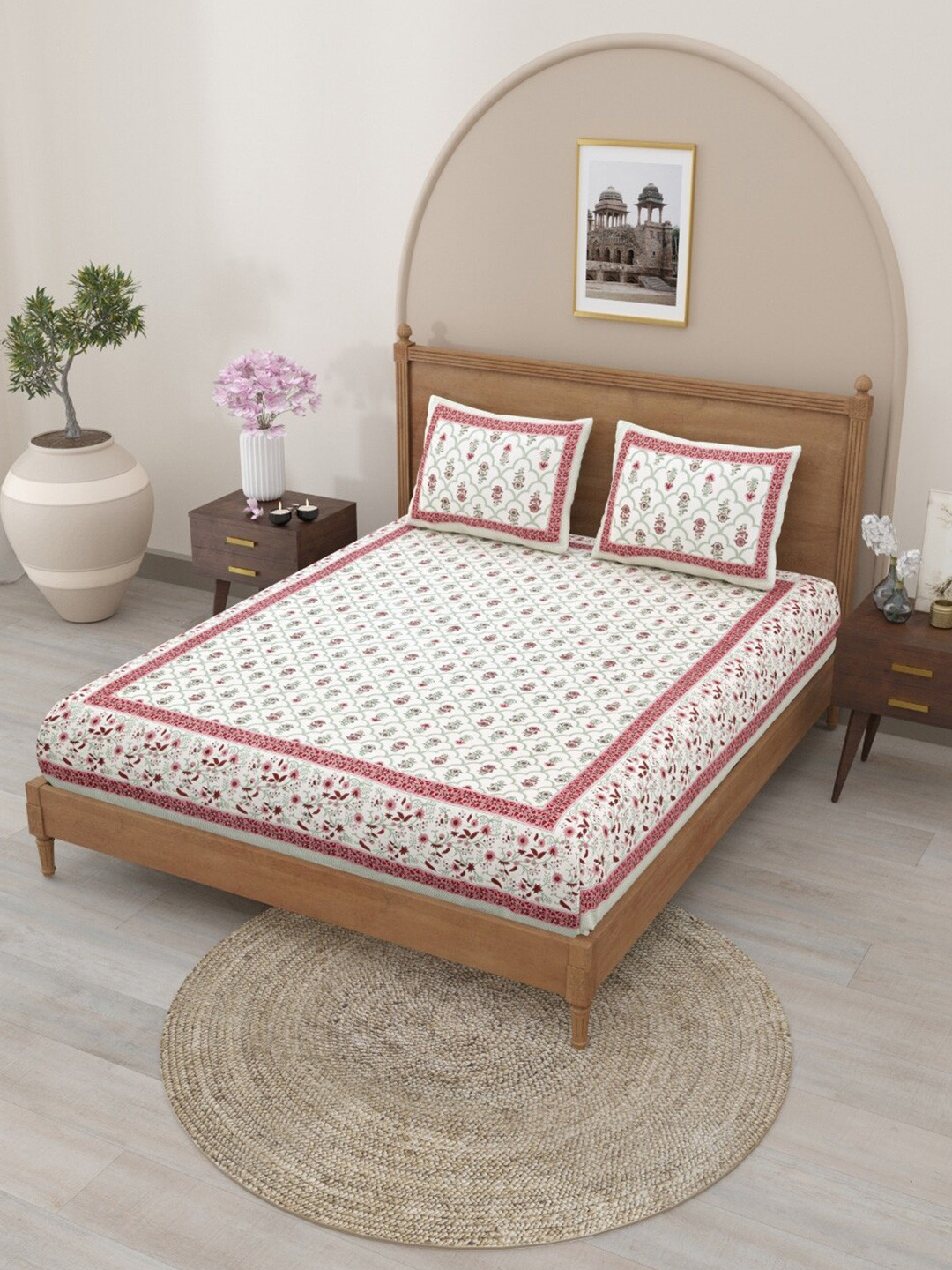 

Salona Bichona Pink & Green Floral Cotton 120 TC Queen Bedsheet With 2 Pillow Covers