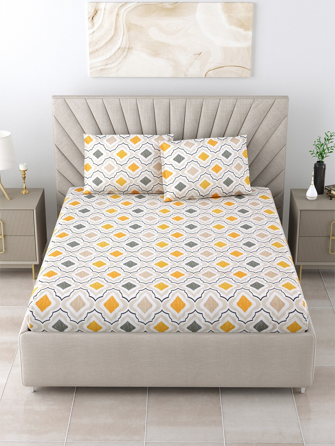 

Salona Bichona White & Yellow Printed Cotton 120 TC Queen Bedsheet & 2 Pillow Covers