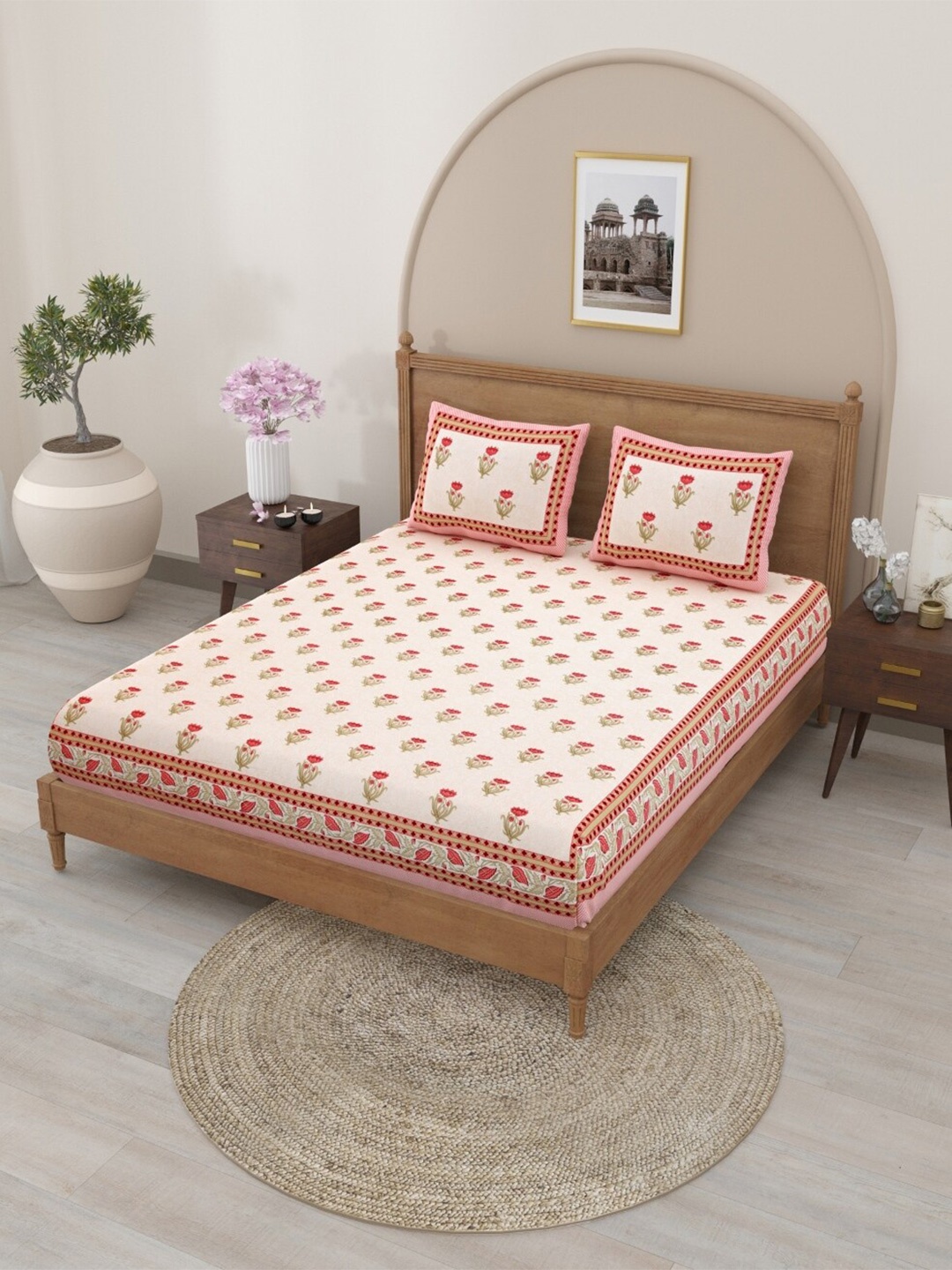 

Salona Bichona Pink & Green Floral Pure Cotton 120 TC Queen Bedsheet With 2 Pillow Covers
