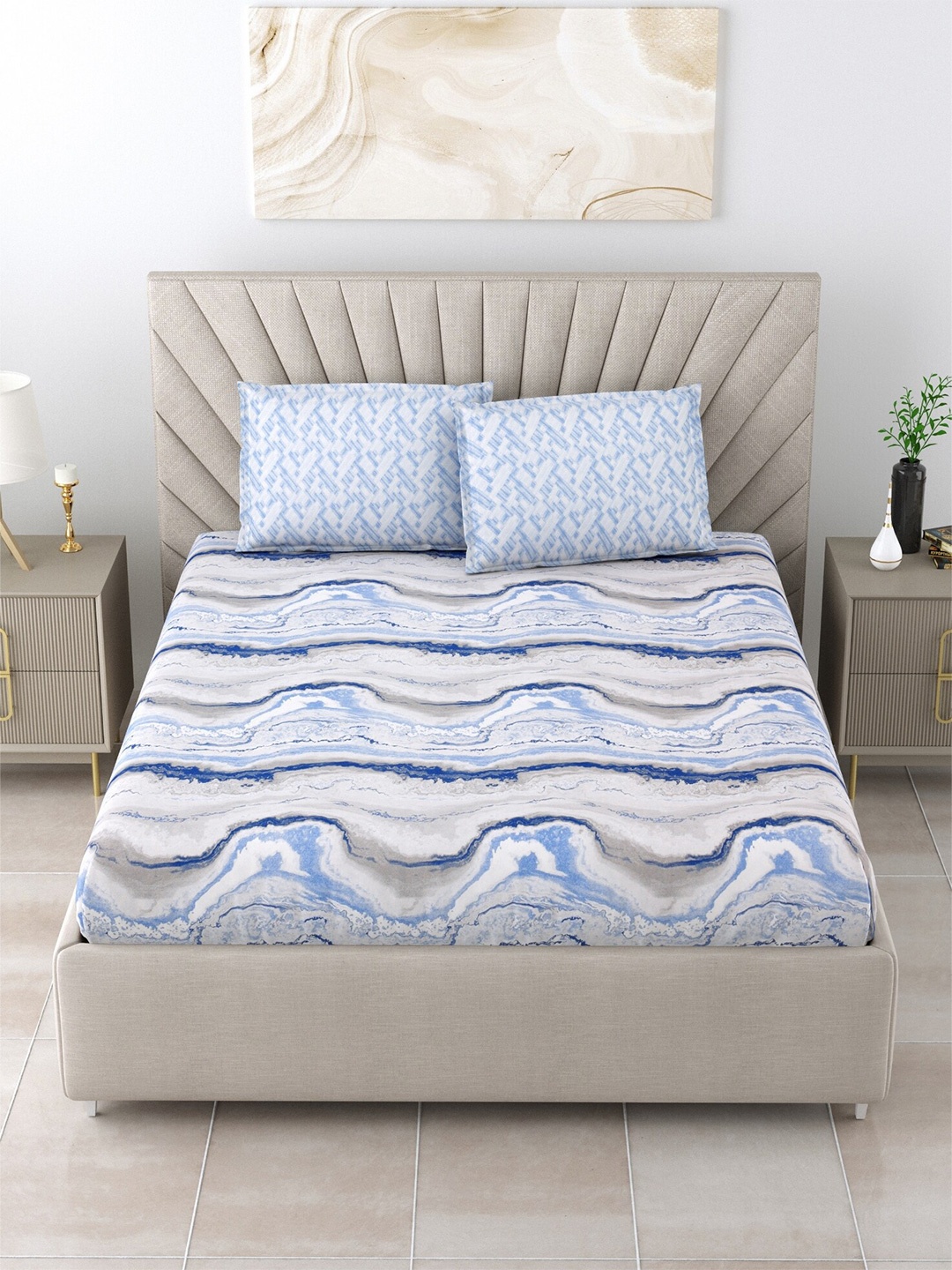 

Salona Bichona Blue Geometric Pure Cotton 120 TC Queen Bedsheet with 2 Pillow Covers