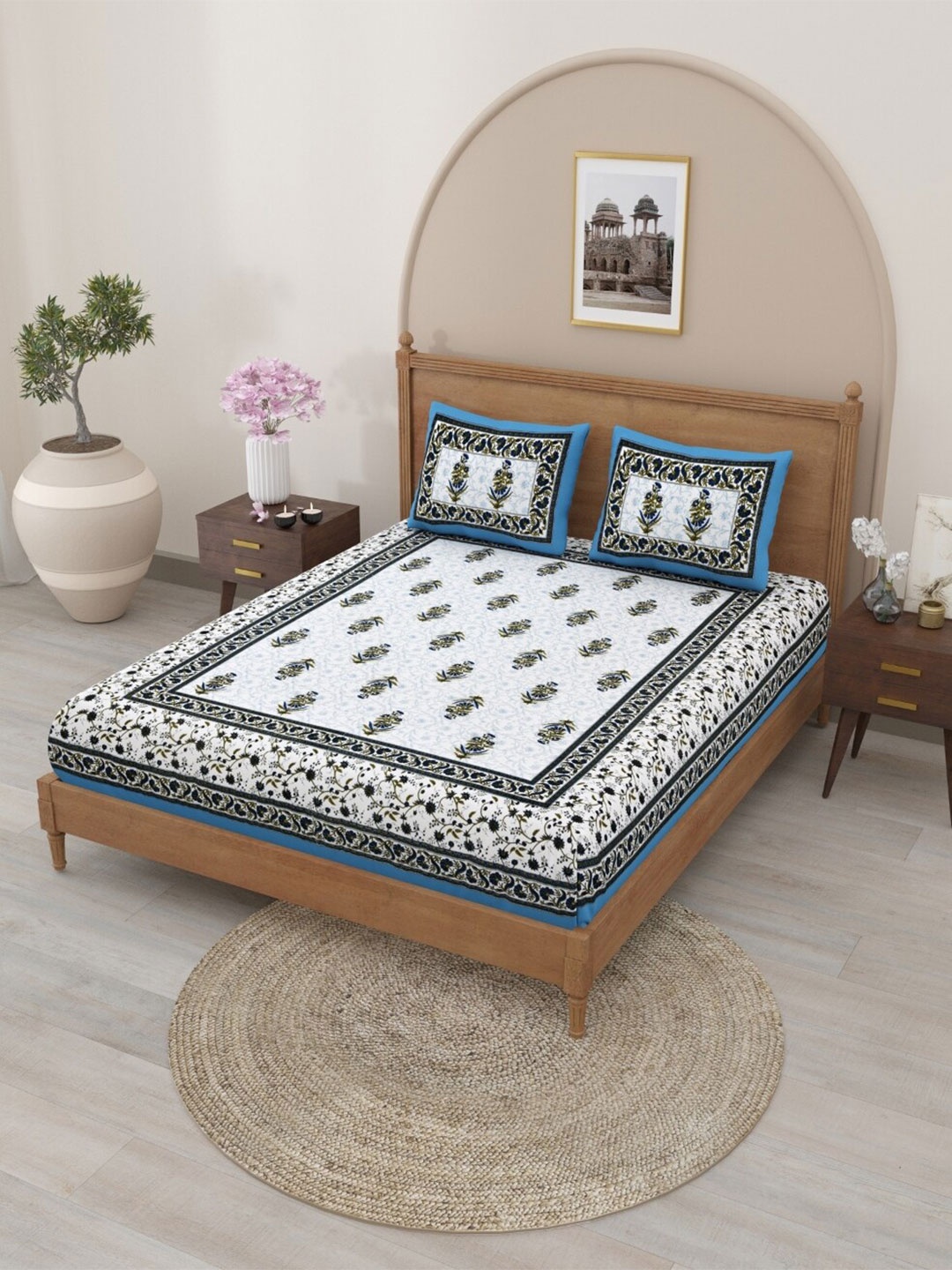 

Salona Bichona Blue & Green Floral Pure Cotton 120 TC Queen Bedsheet with 2 Pillow Covers