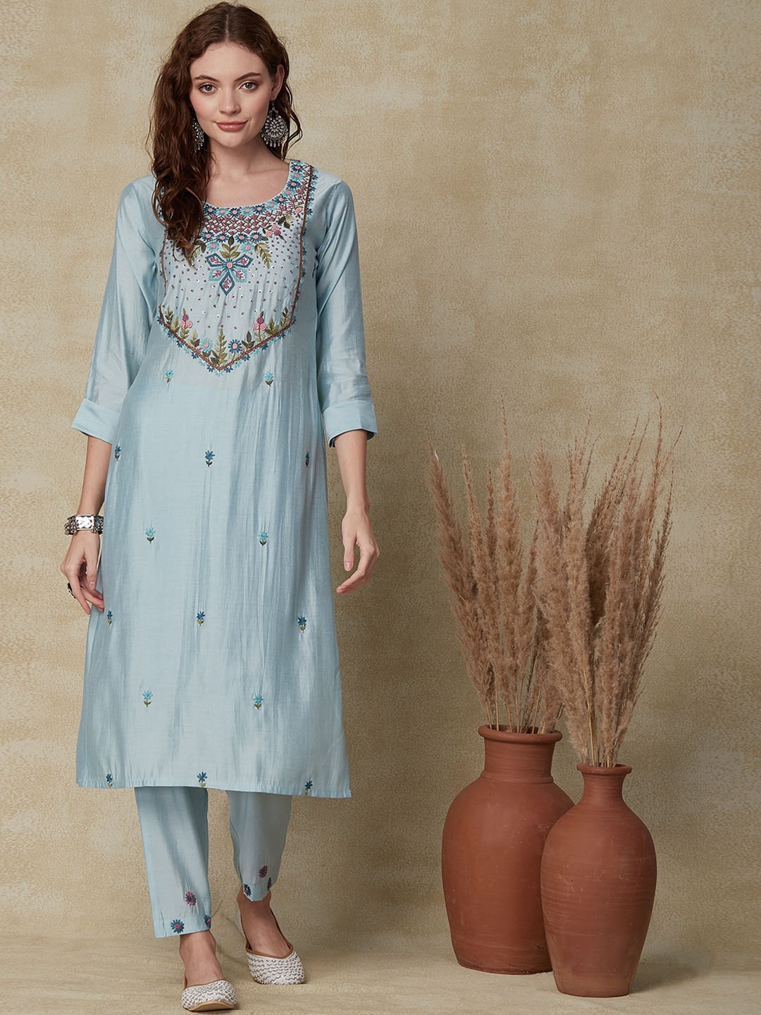 

FASHOR Light Blue Floral Embroidered Sequined Kurta with Trousers & Dupatta