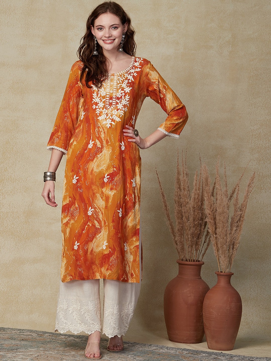 

FASHOR Ethnic Motifs Printed Thread Work Straight Kurta, Mustard