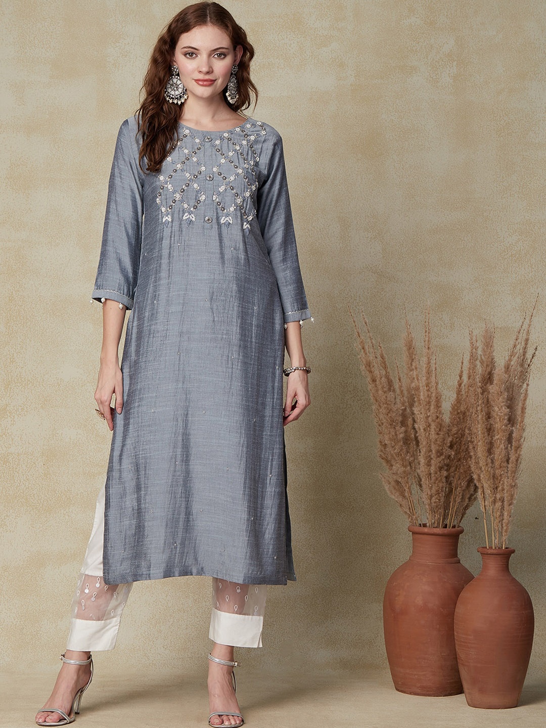 

FASHOR Striped Beads And Stones A-LIne Kurta, Blue