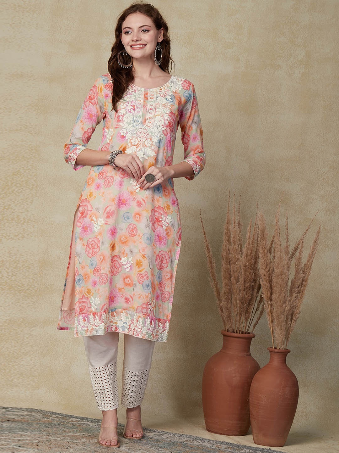 

FASHOR Floral Printed Thread Work Regular Cotton Kurta, Beige