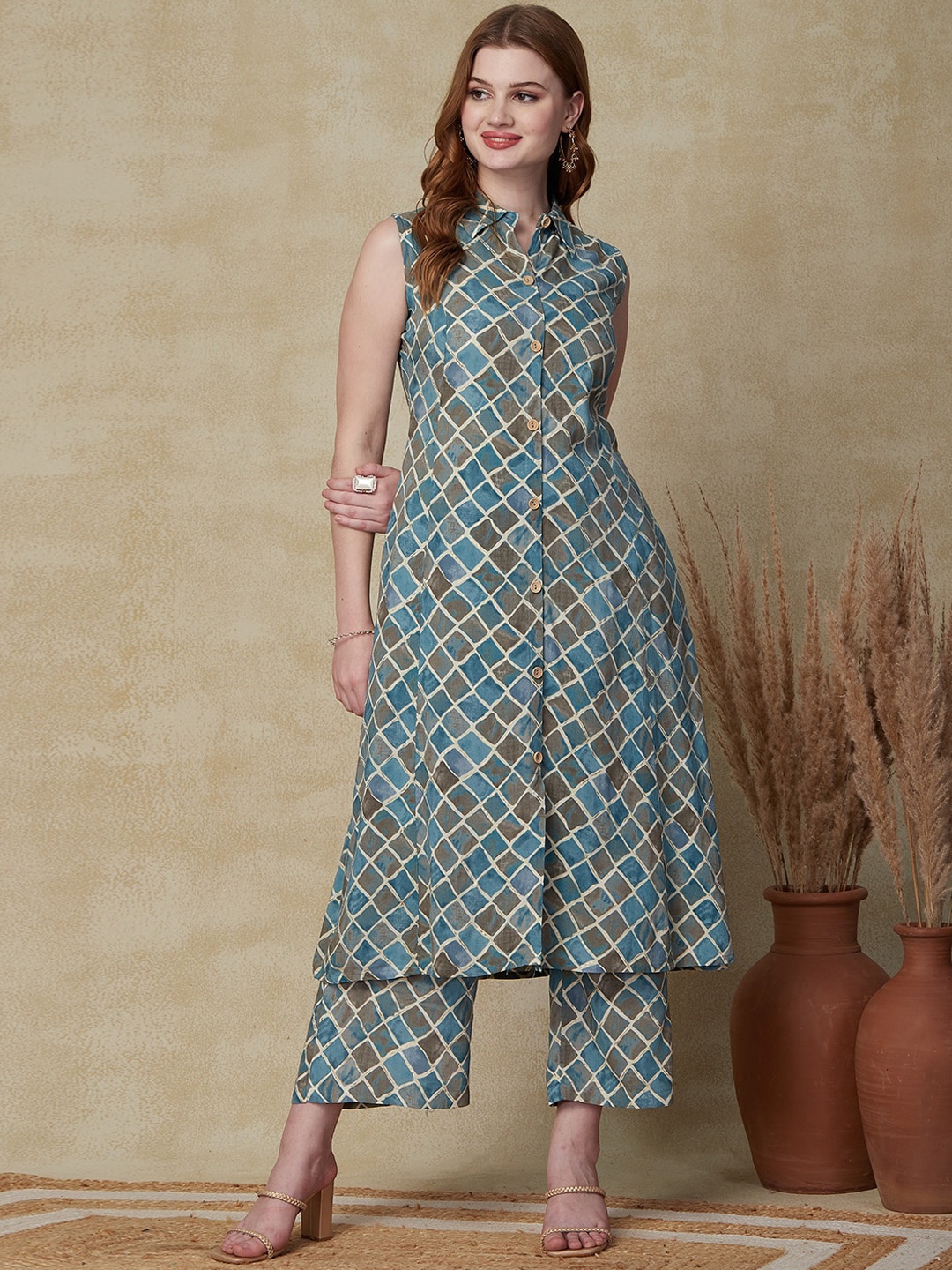 

FASHOR Blue Checked & Foil Printed A-Line Kurta with Palazzos