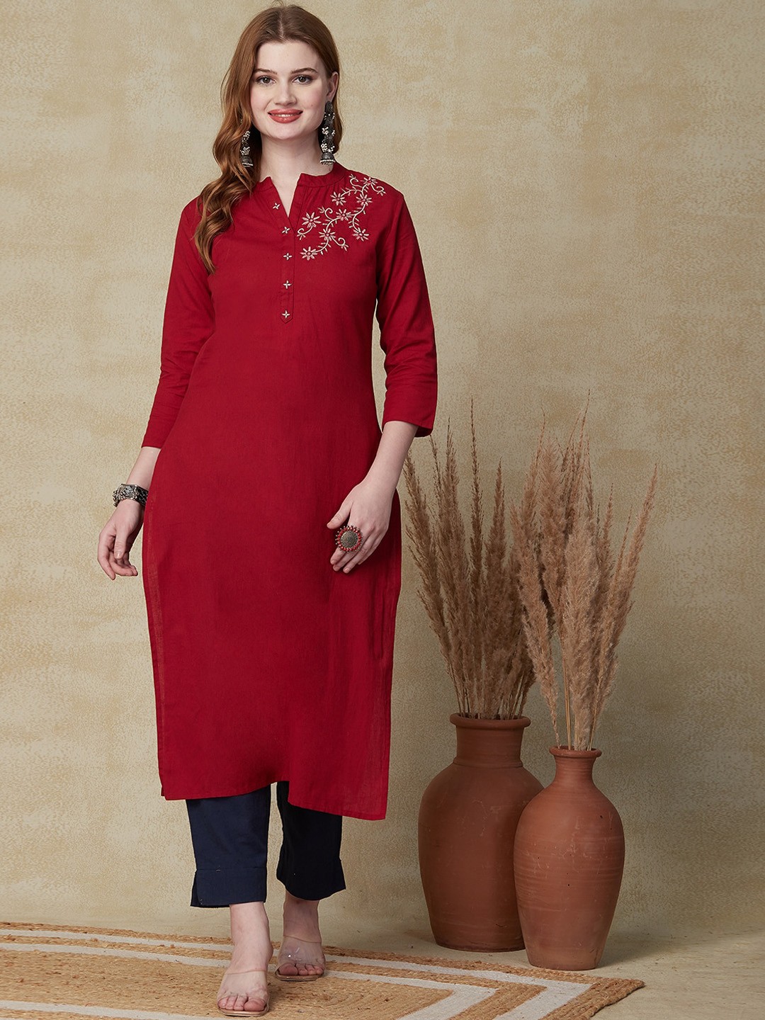 

FASHOR Mandarin Collar Thread Work Pure Cotton Straight Kurta, Maroon