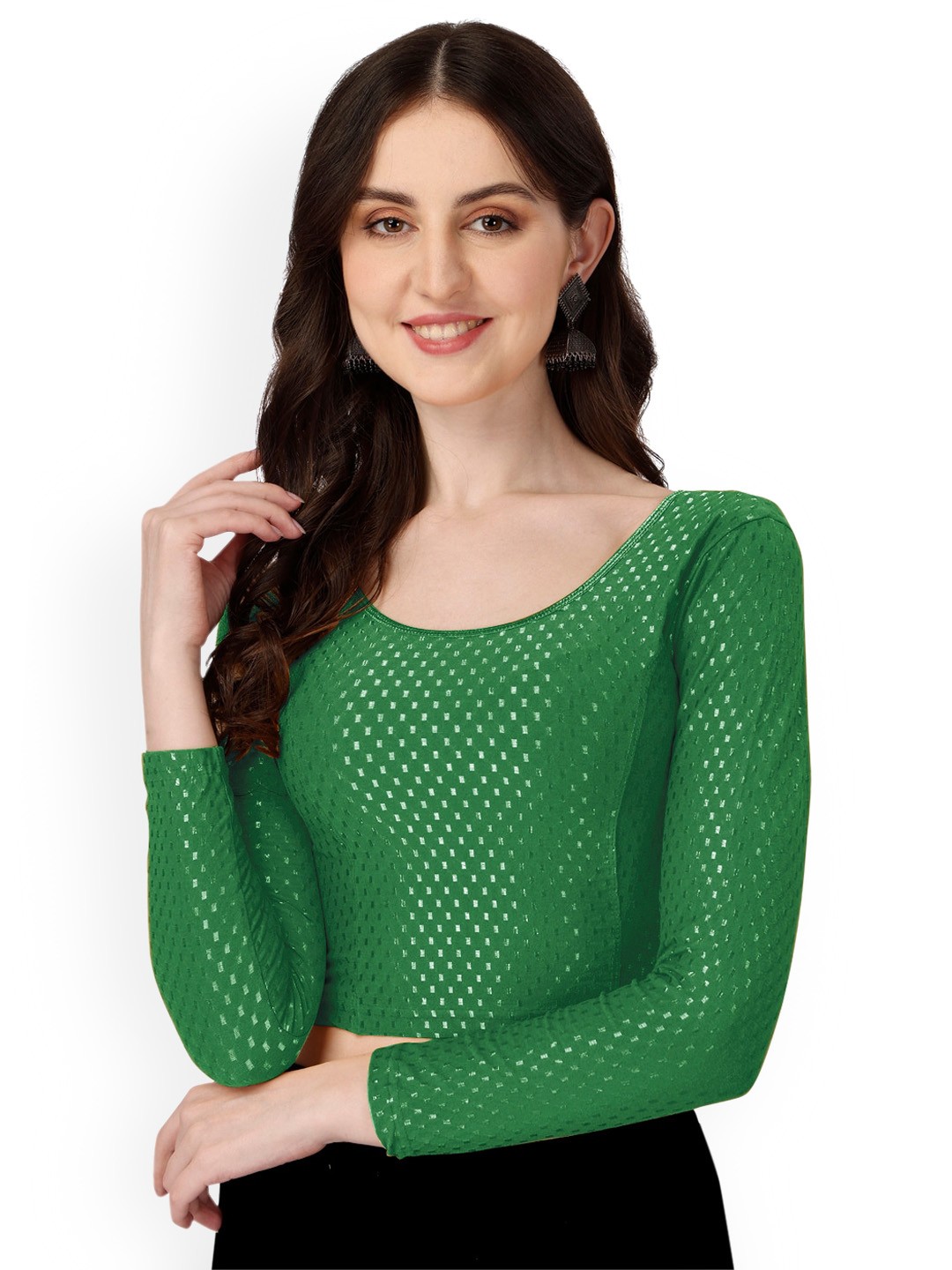 

SCUBE DESIGNS Woven Design Round Nek Three-Quarter Sleeves Saree Blouse, Green