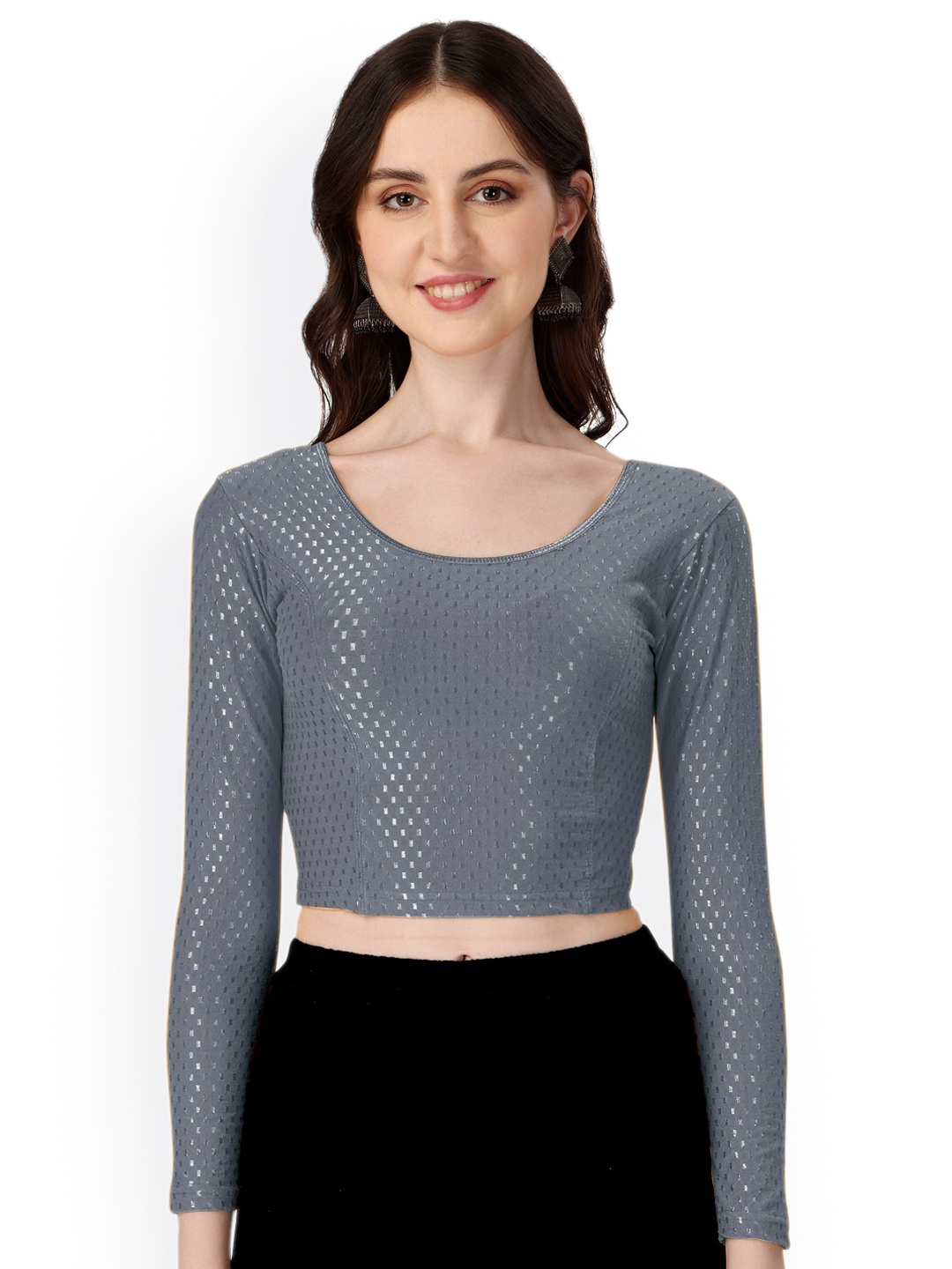 

SCUBE DESIGNS Woven Design Round Nek Three-Quarter Sleeves Saree Blouse, Grey