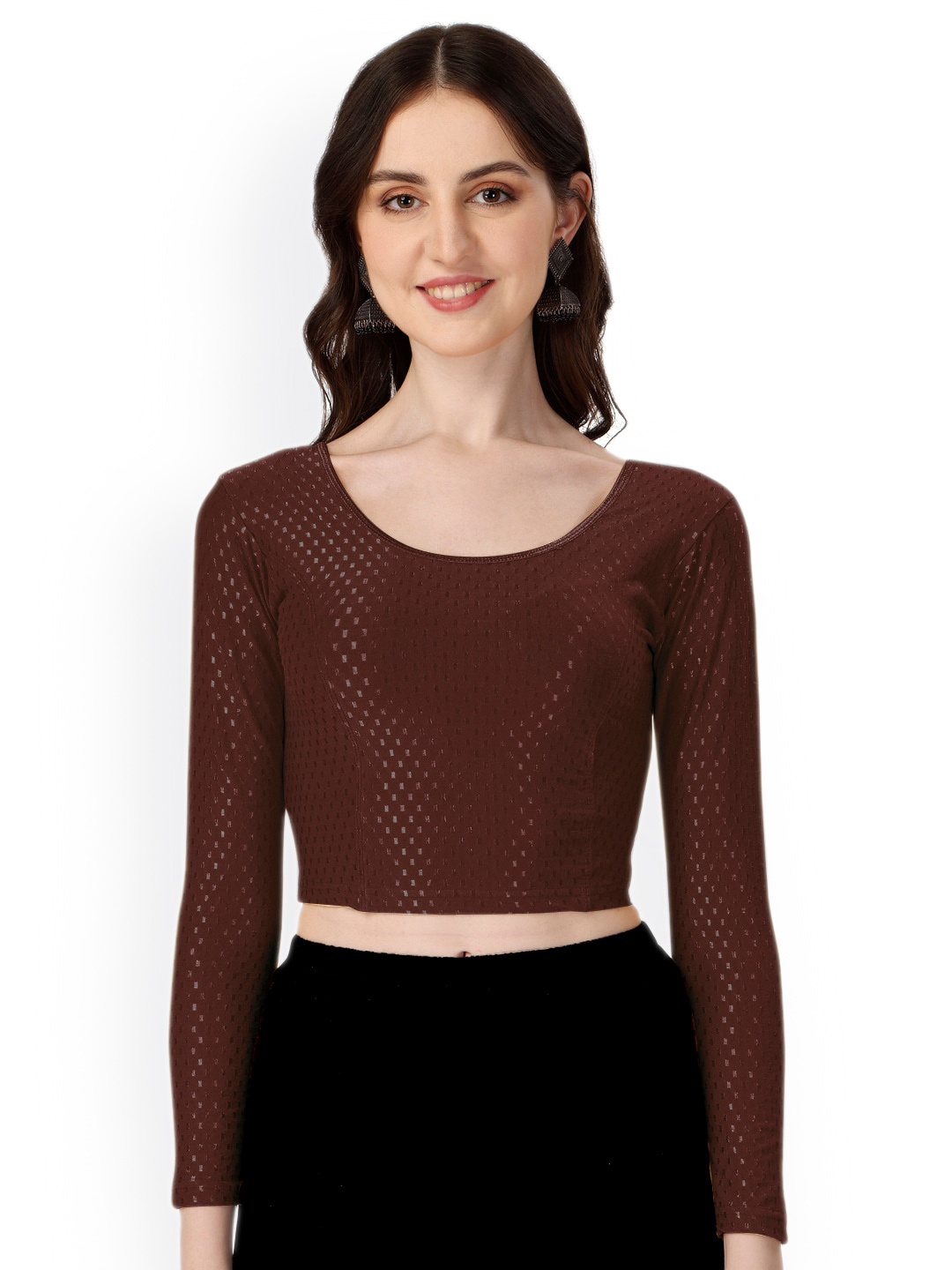 

SCUBE DESIGNS Woven Design Round Nek Three-Quarter Sleeves Saree Blouse, Brown