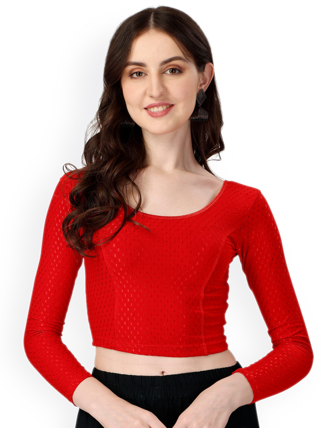 

SCUBE DESIGNS Woven Design Round Nek Three-Quarter Sleeves Saree Blouse, Red