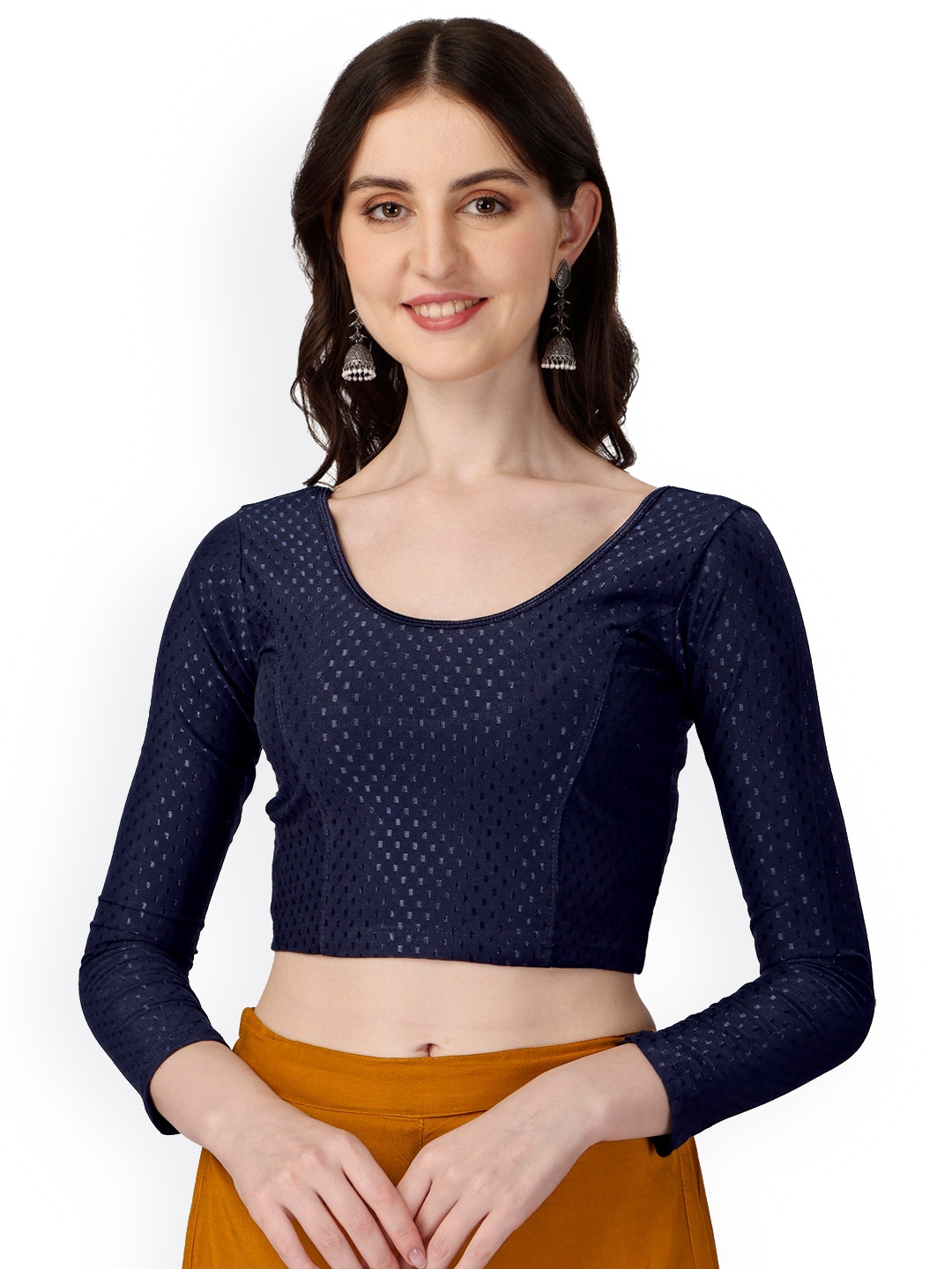 

SCUBE DESIGNS Woven Design Round Nek Three-Quarter Sleeves Saree Blouse, Navy blue