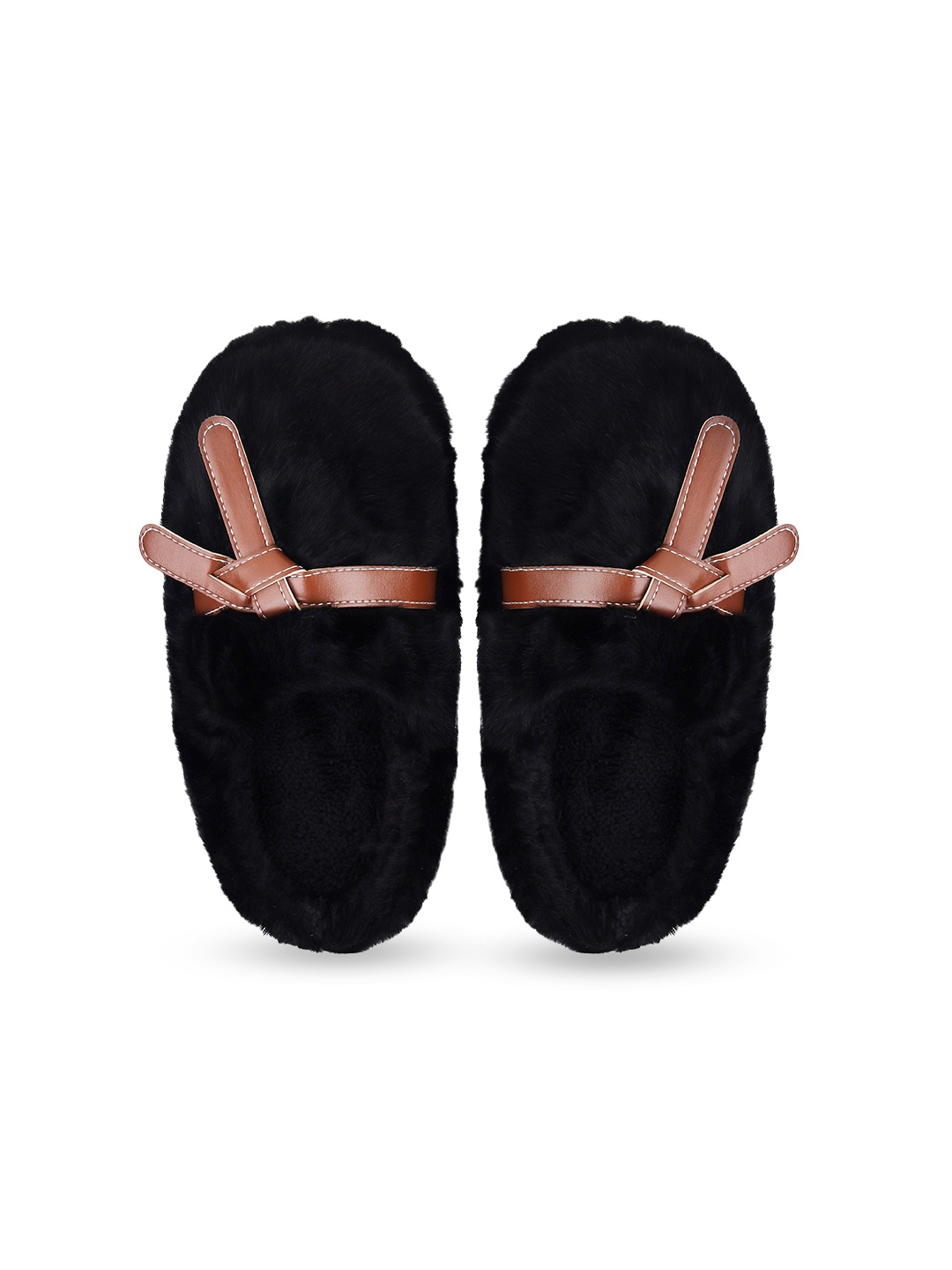 

CASSIEY Women Belt Twist Warm Fur Room Slippers, Black