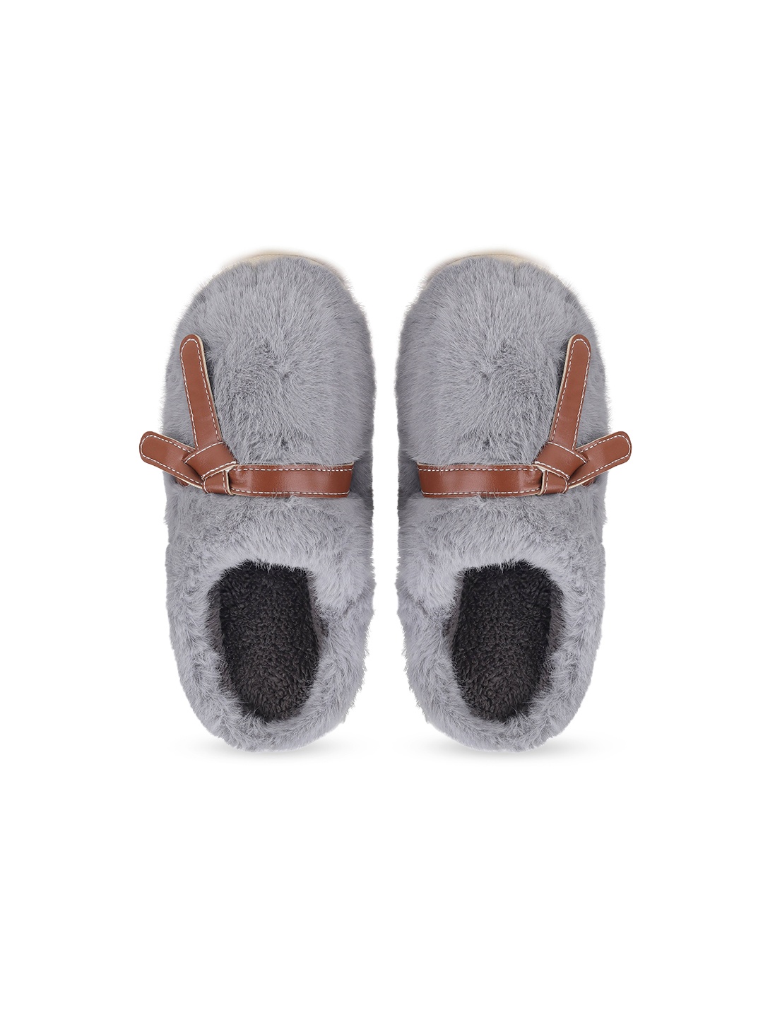 

CASSIEY Women Winter Warm Fur Room Slippers With Belt Twist, Grey