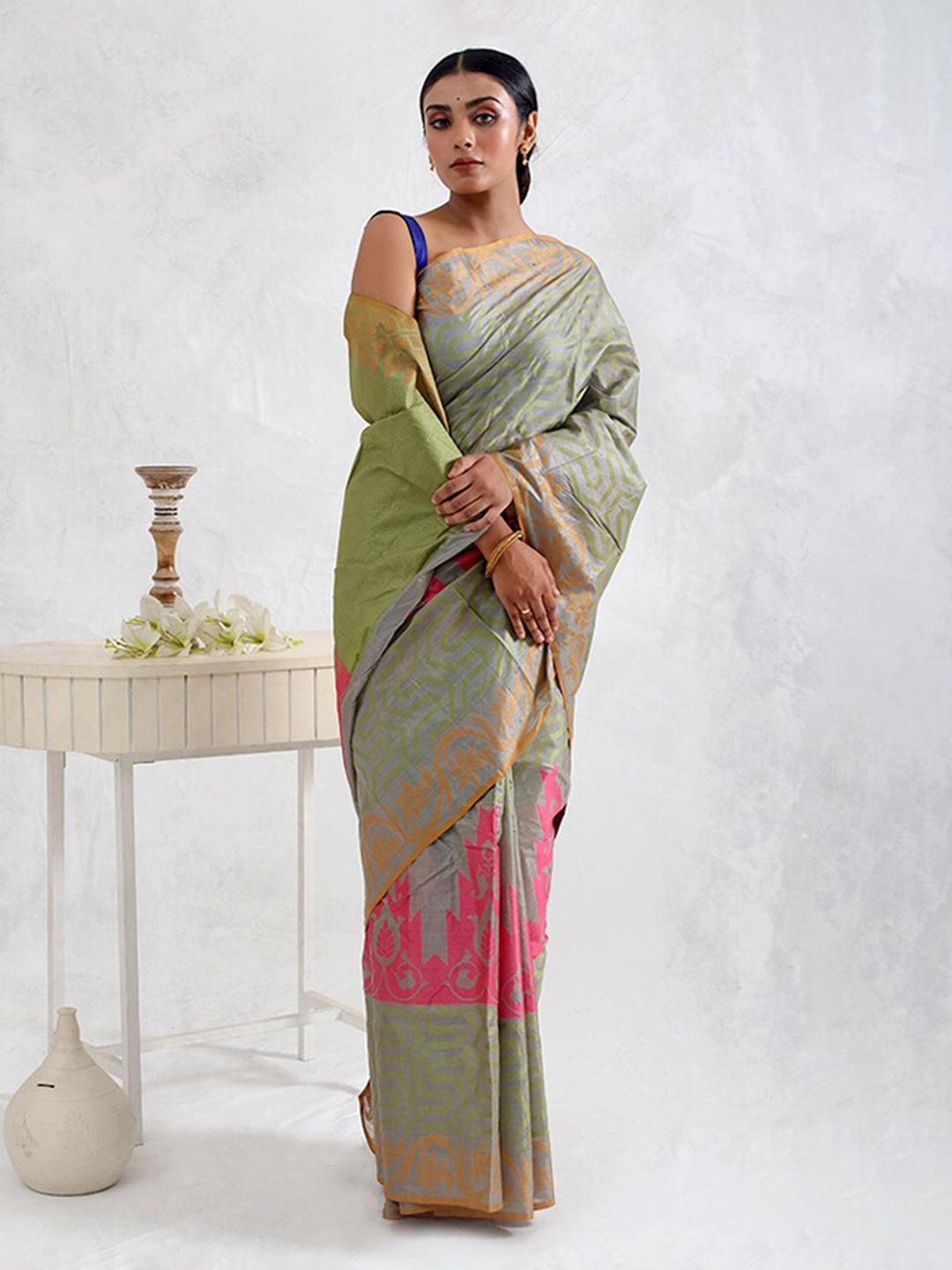 

AllSilks Geometric Woven Design Tussar Saree, Grey