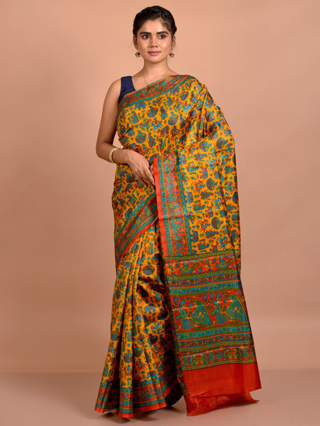 

AllSilks Yellow & Green Ethnic Motifs Pure Silk Saree