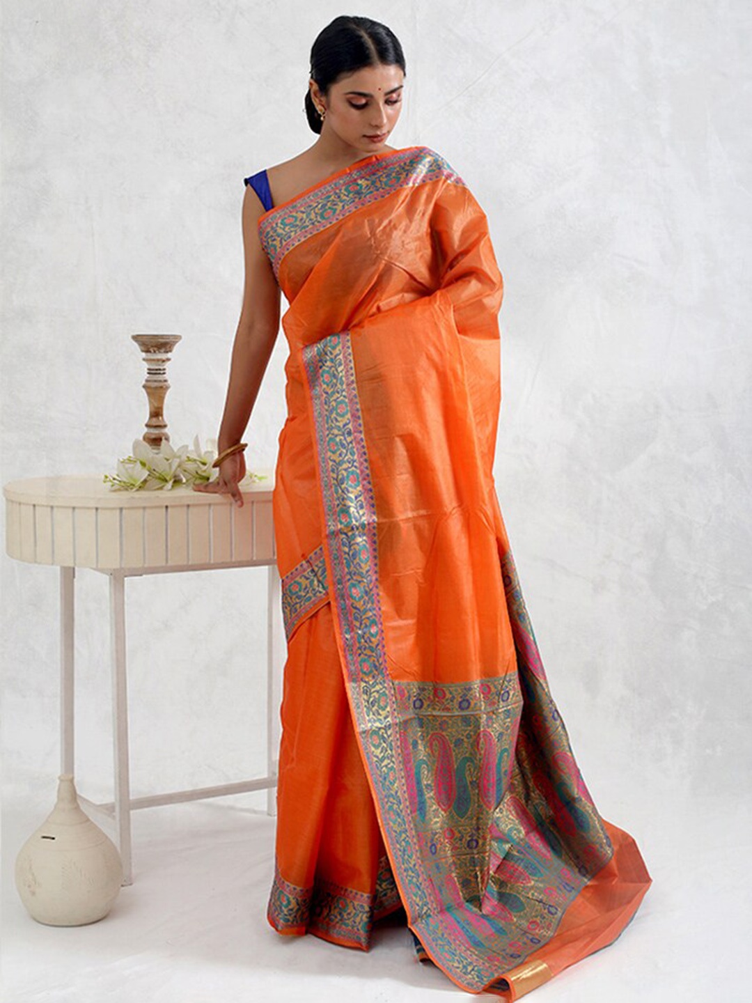 

AllSilks Floral Woven Design Zari Tussar Saree, Orange