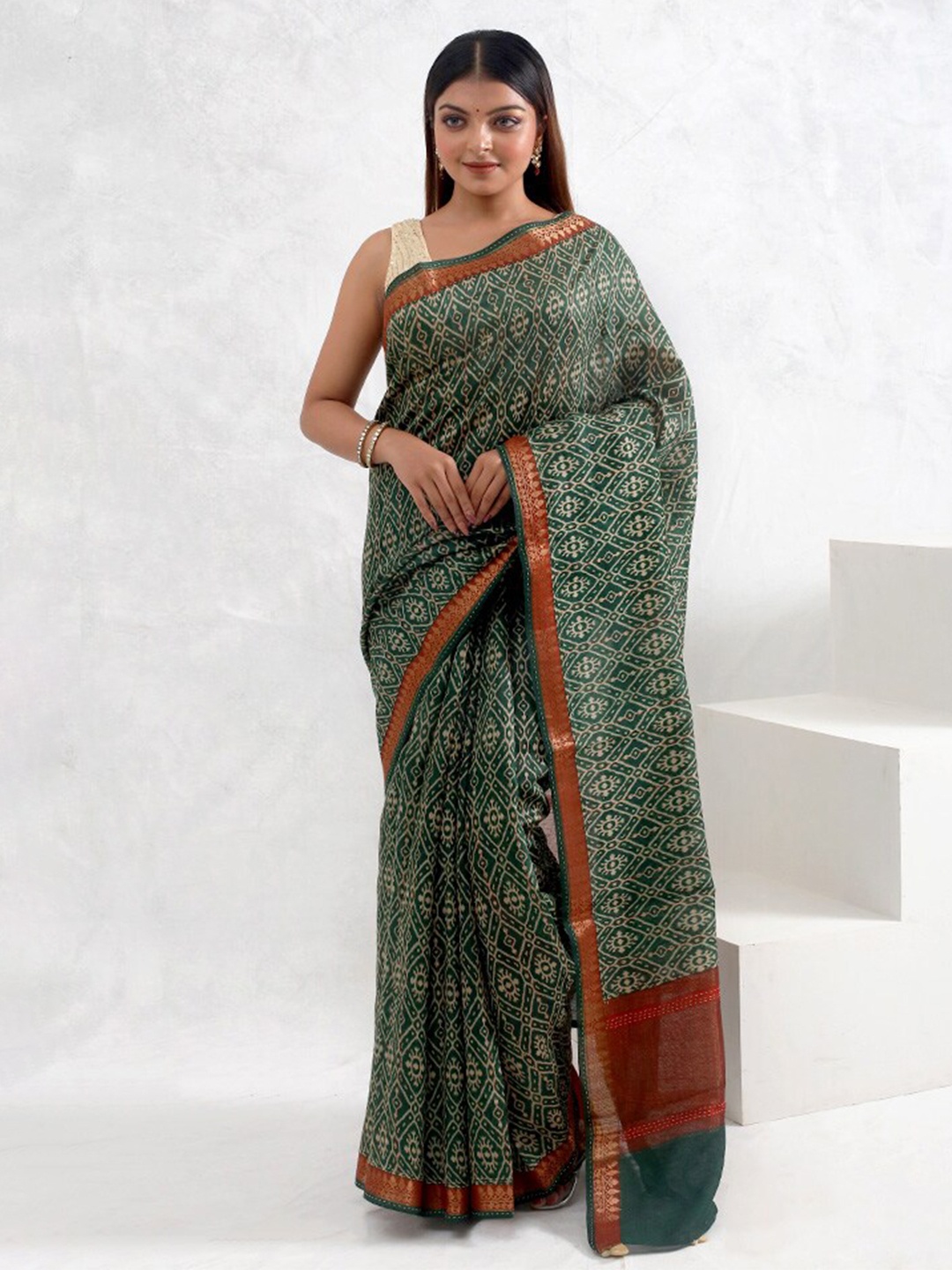 

AllSilks Ethnic Motifs Printed Pure Silk Zari Tussar Saree, Green