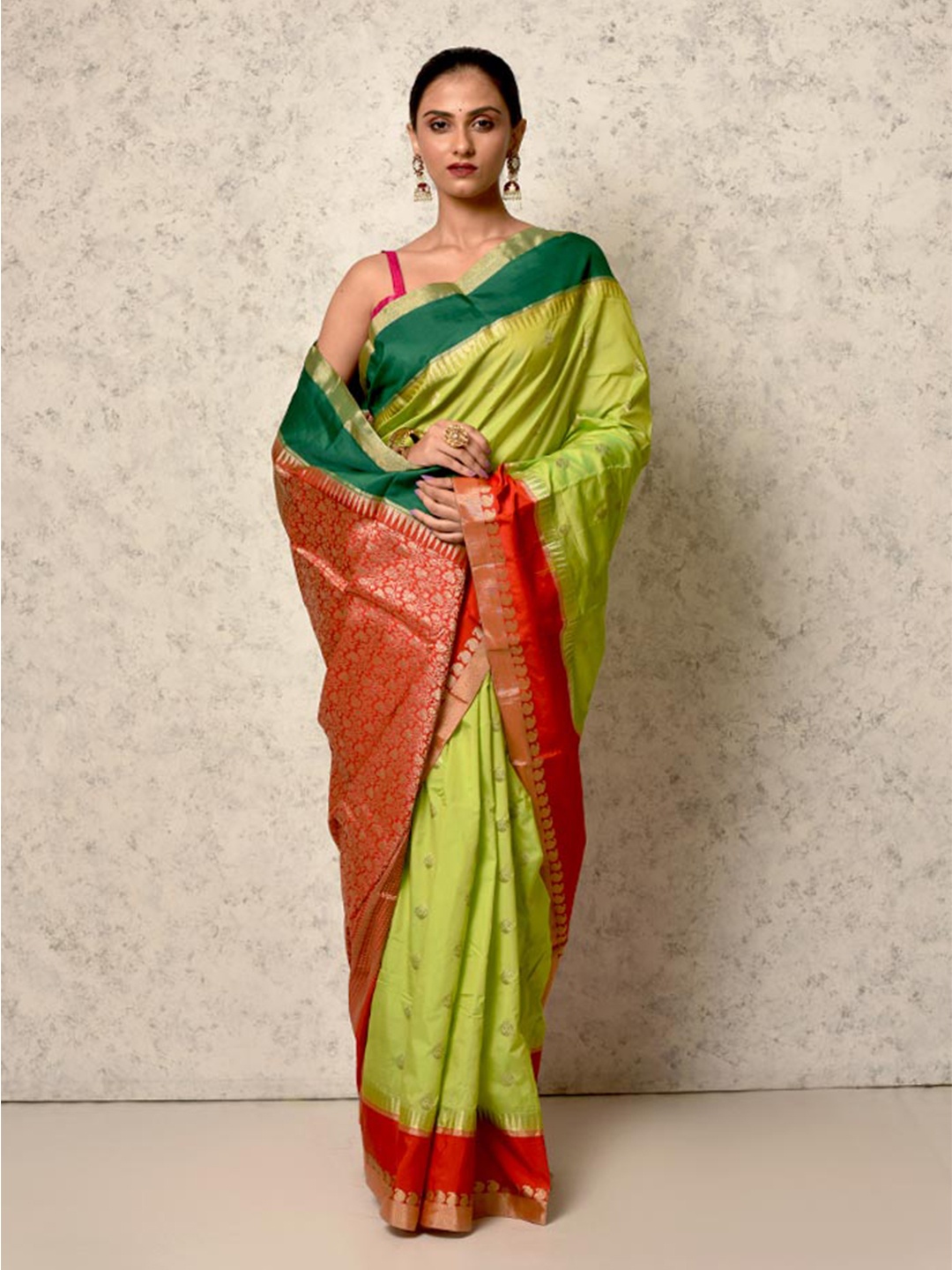 

AllSilks Green & Red Woven Design Zari Silk Blend Kanjeevaram Saree