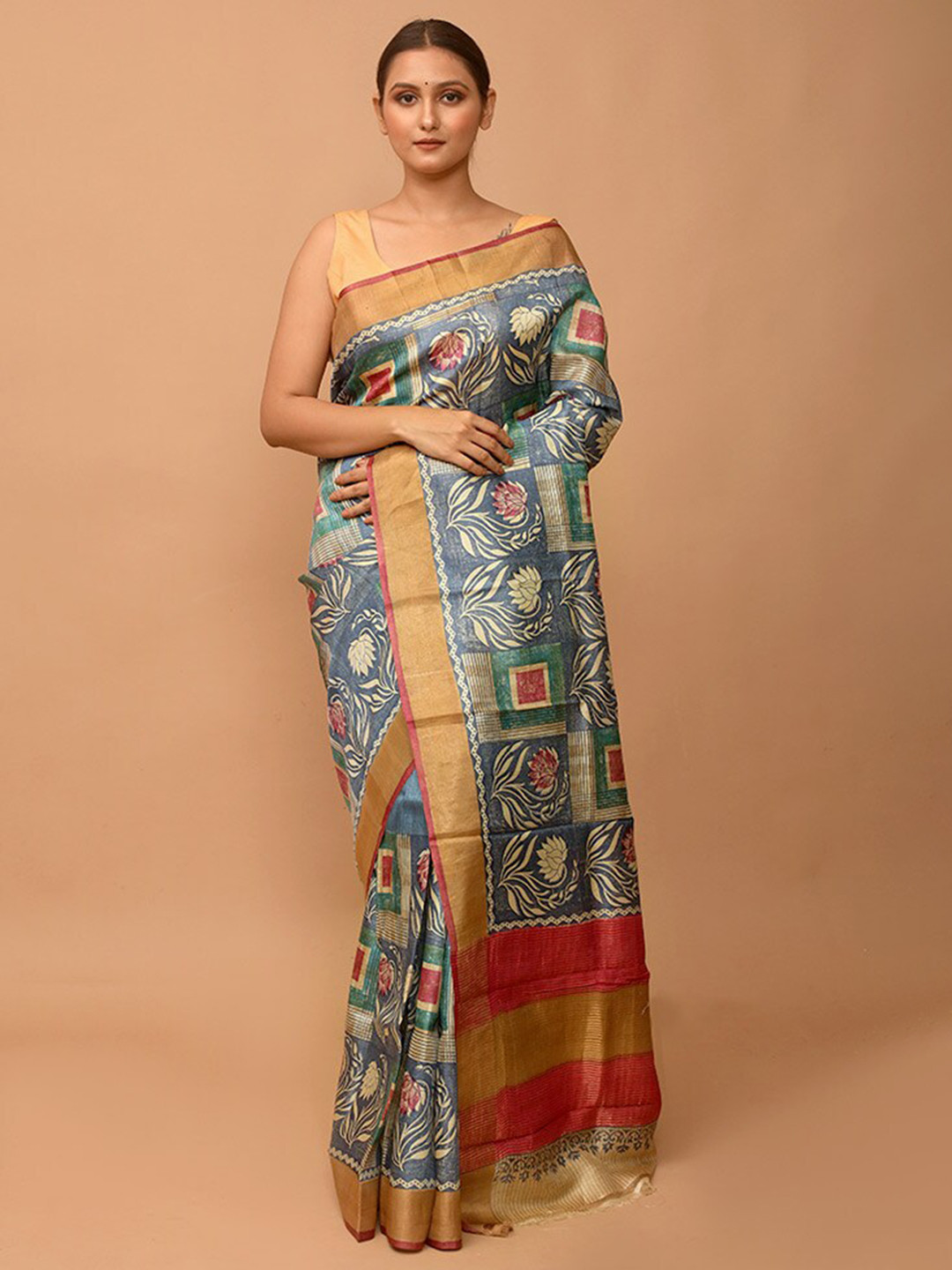 

AllSilks Ethnic Motifs Printed Tussar Saree, Grey