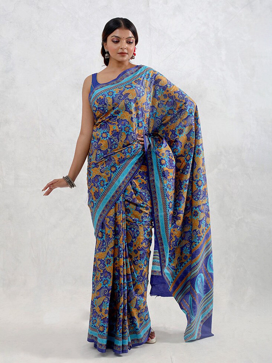 

AllSilks Floral Printed Saree, Blue
