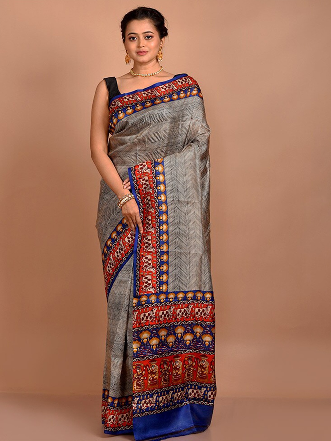 

AllSilks Geometric Printed Pure Silk Saree, Grey
