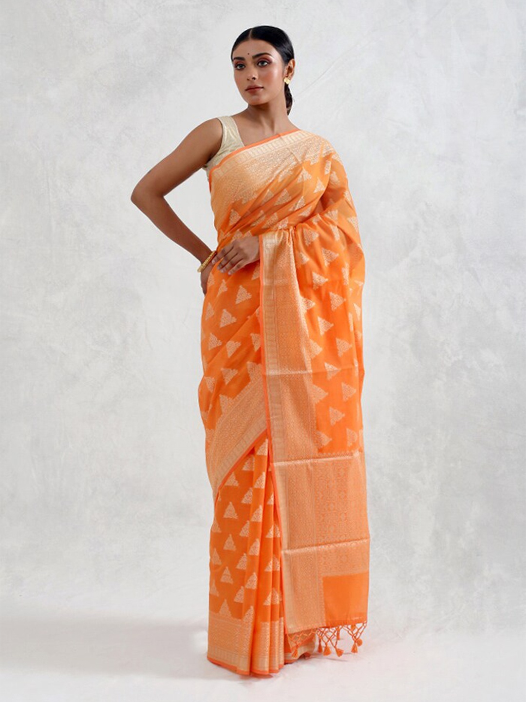 

AllSilks Ethnic Motifs Woven Design Zari Silk Blend Saree, Orange