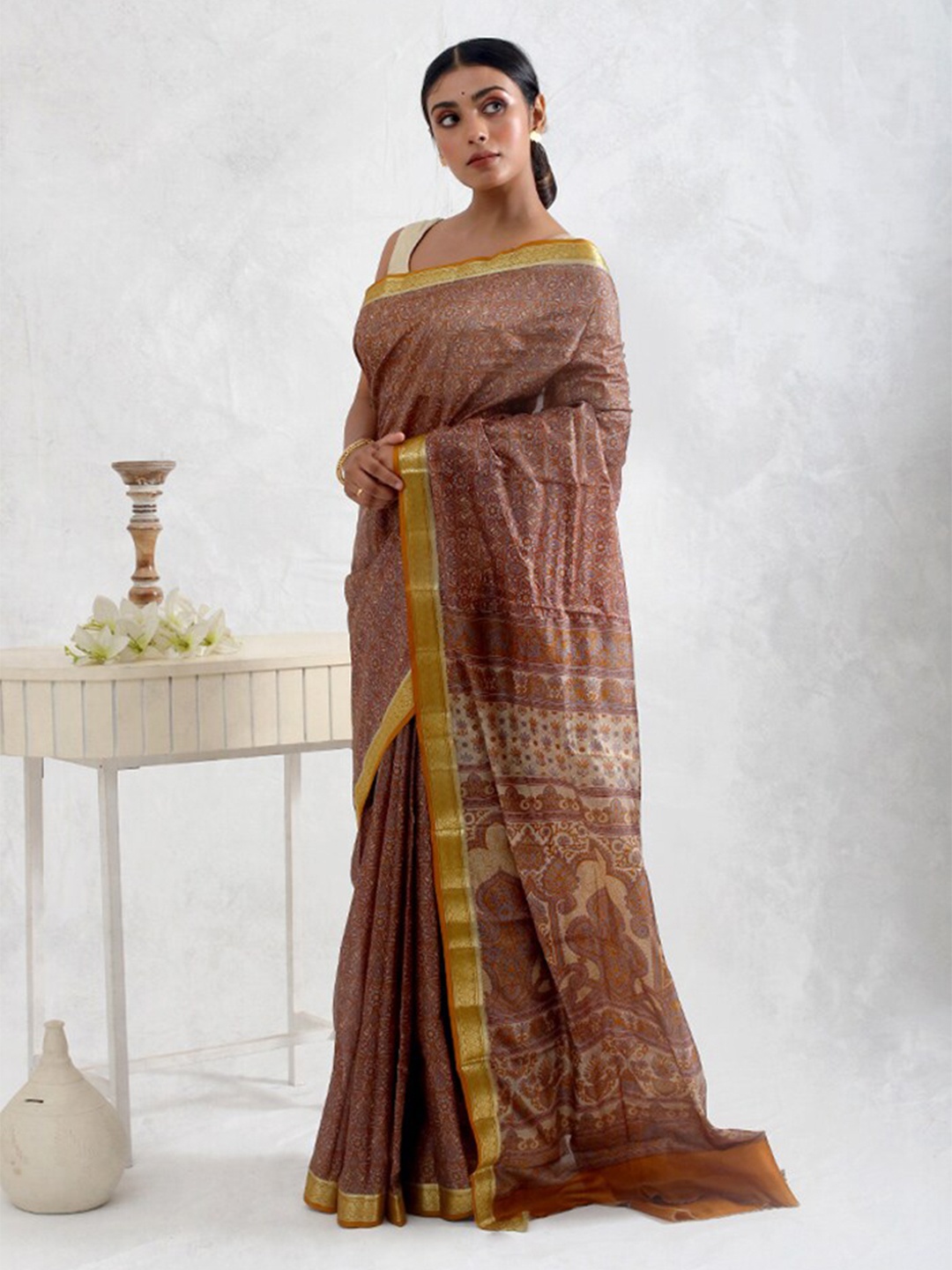 

AllSilks Ethnic Motifs Printed Zari Pure Silk Saree, Cream