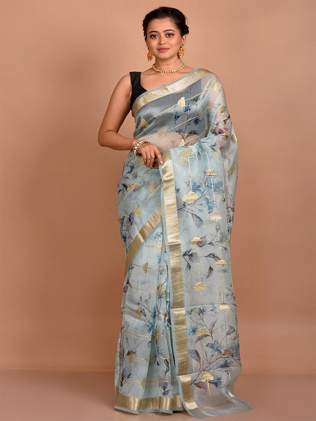 

AllSilks Floral Woven Design Zari Organza Saree, Blue