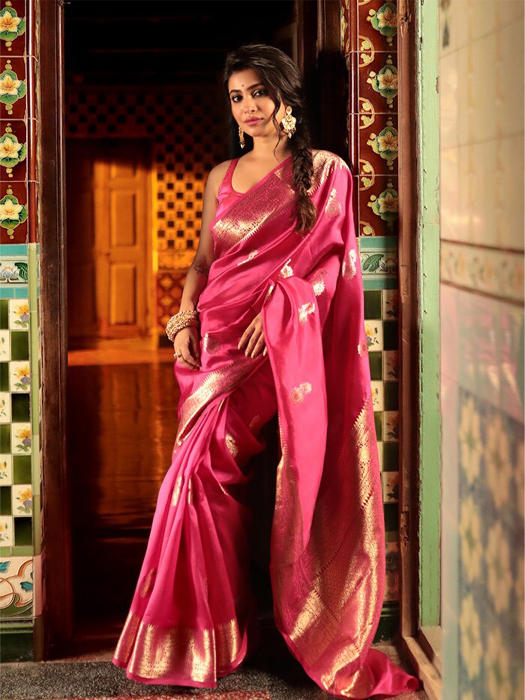 

AllSilks Ethnic Motifs Woven Design Zari Pure Silk Tussar Saree, Pink