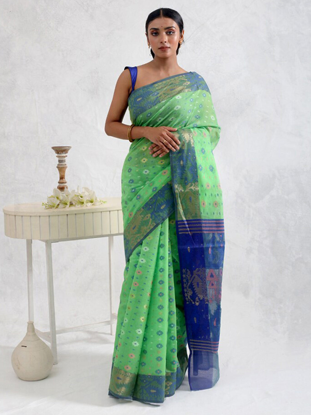 

AllSilks Ethnic Motifs Woven Design Zari Saree, Green