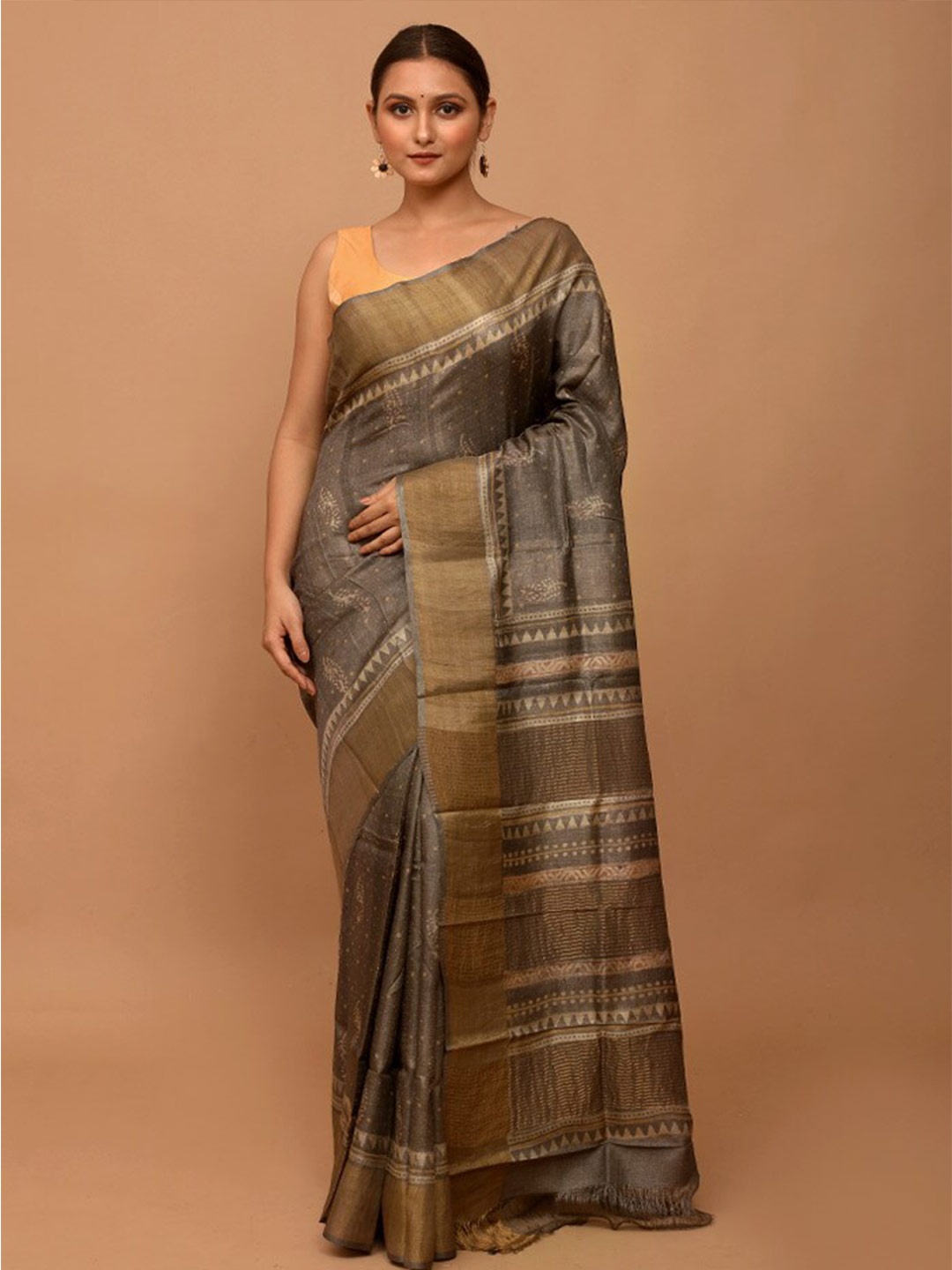 

AllSilks Ethnic Motifs Printed Pure Silk Tussar Saree, Brown
