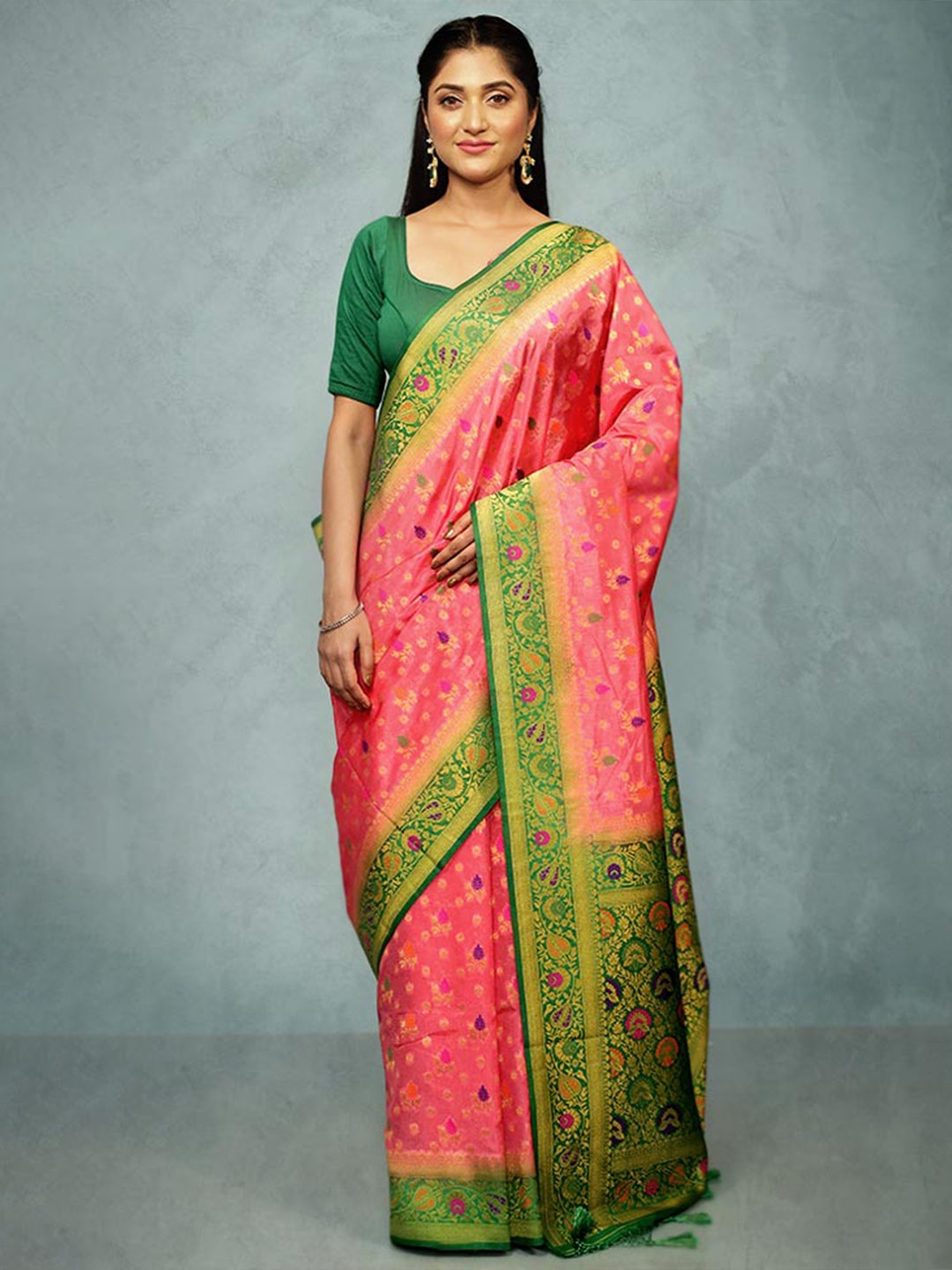 

AllSilks Floral Printed Zari Saree, Pink