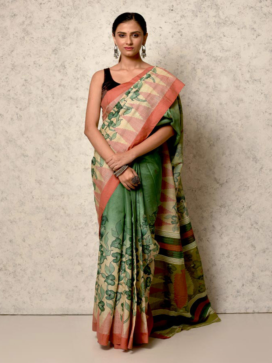 

AllSilks Floral Printed Pure Silk Tussar Saree, Cream