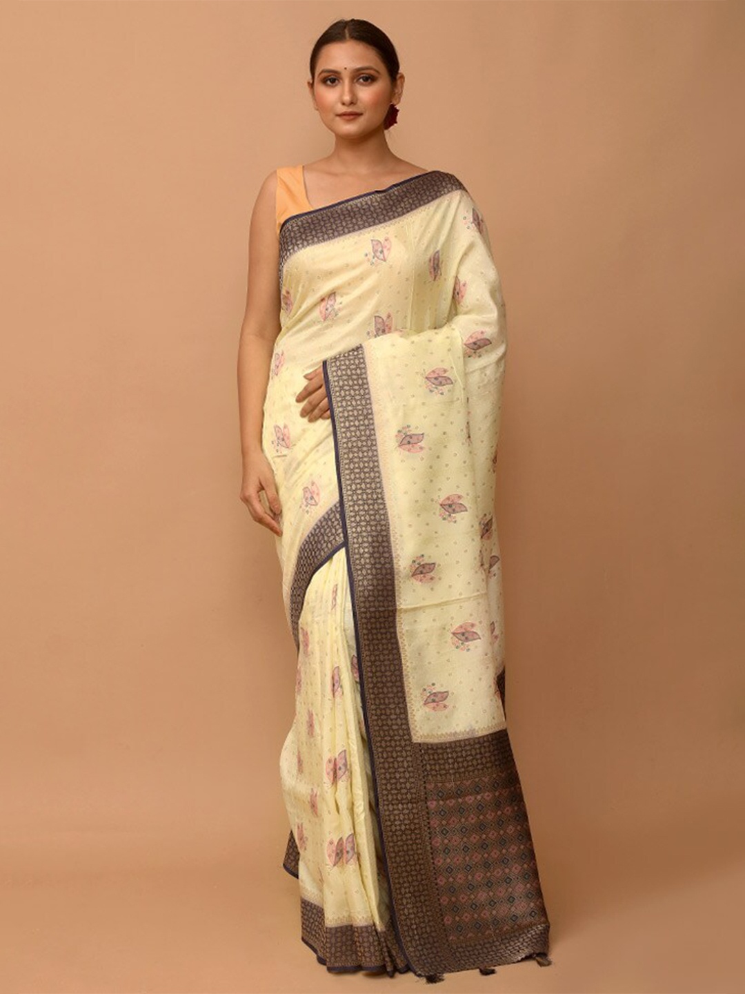 

AllSilks Ethnic Motifs Zari Silk Blend Saree, Cream