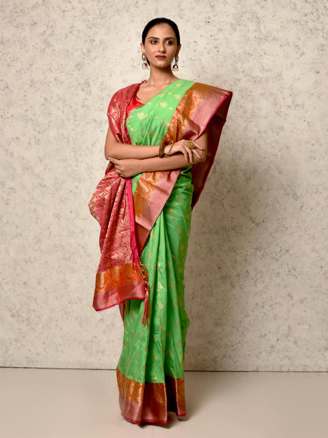 

AllSilks Ethnic Motifs Woven Design Zari Kanjeevaram Saree, Green