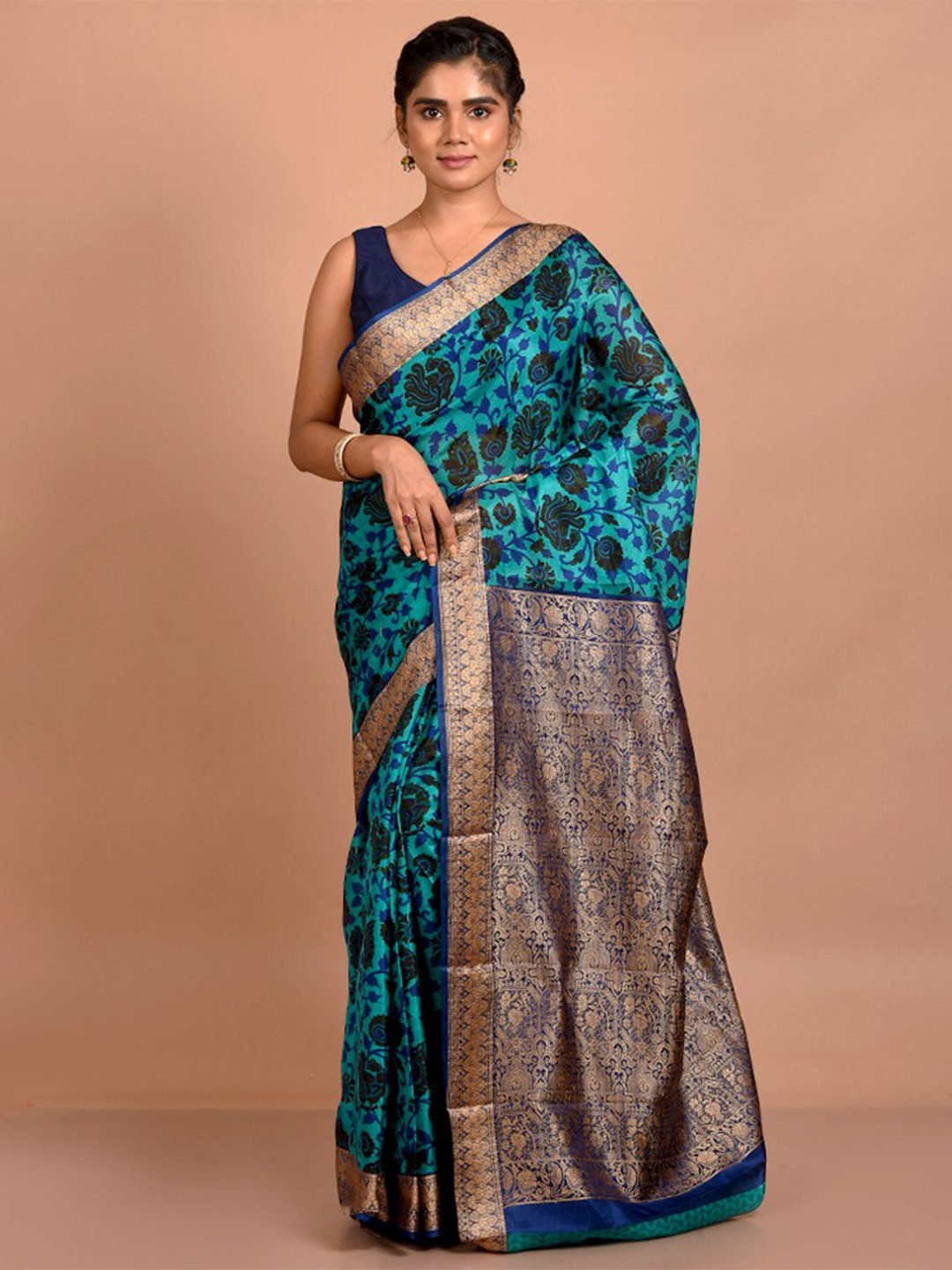 

AllSilks Ethnic Motifs Printed Zari Pure Silk Saree, Blue