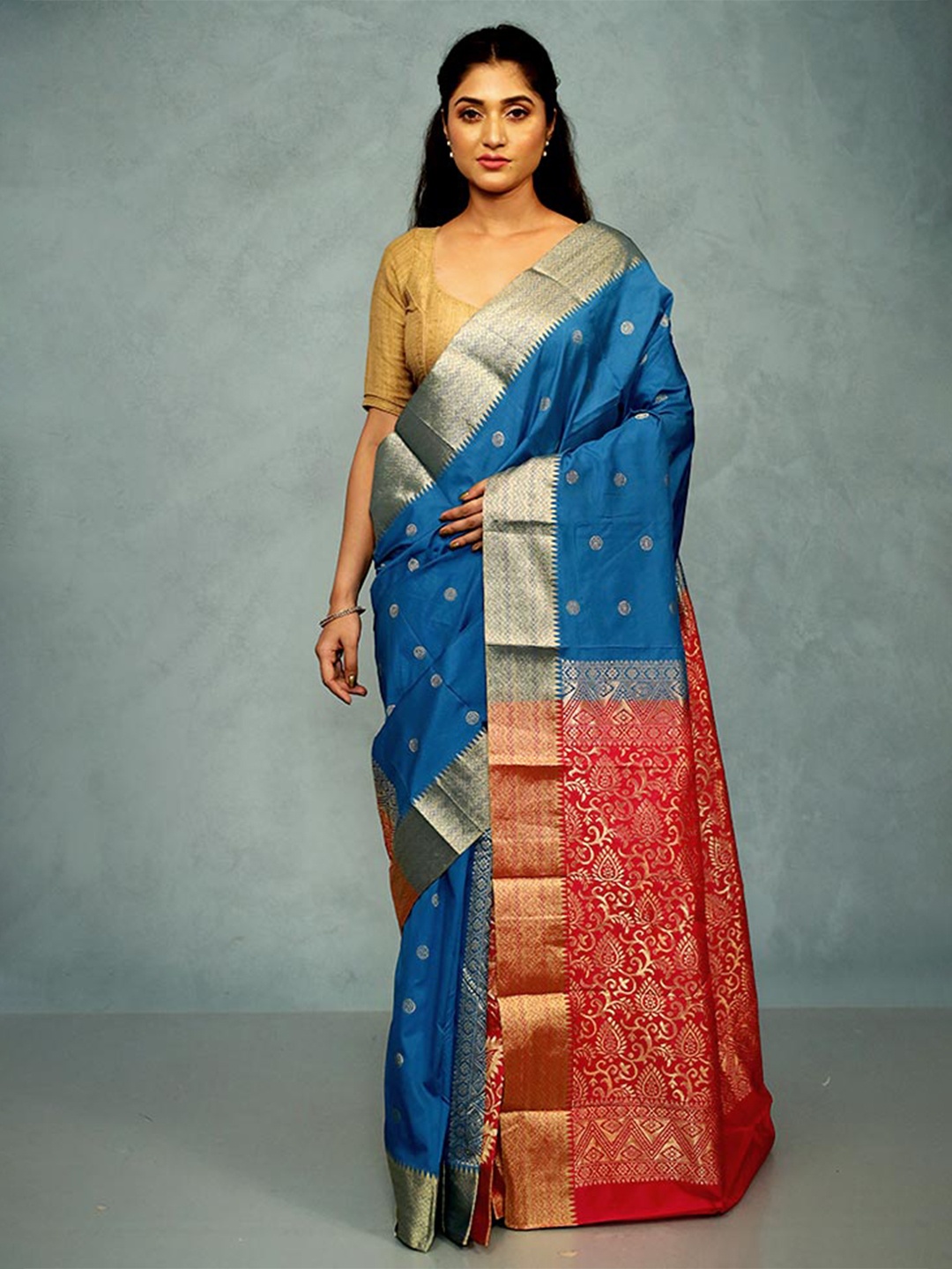 

AllSilks Ethnic Motifs Woven Design Zari Kanjeevaram Saree, Blue