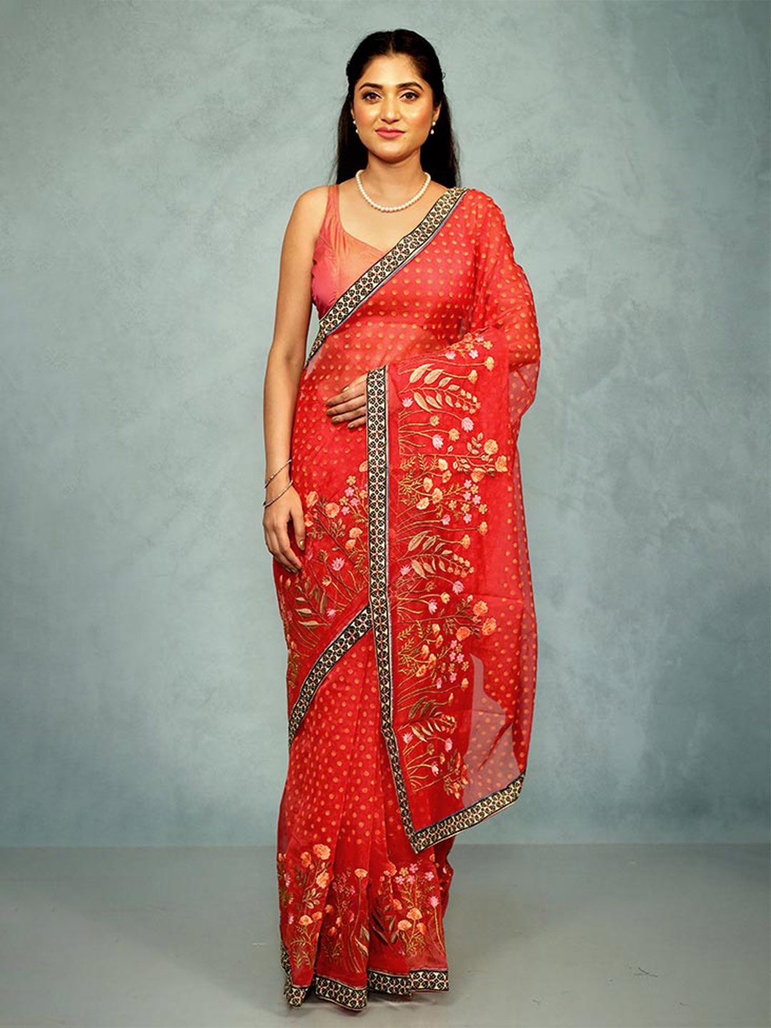 

AllSilks Red & Peach-Coloured Floral Saree
